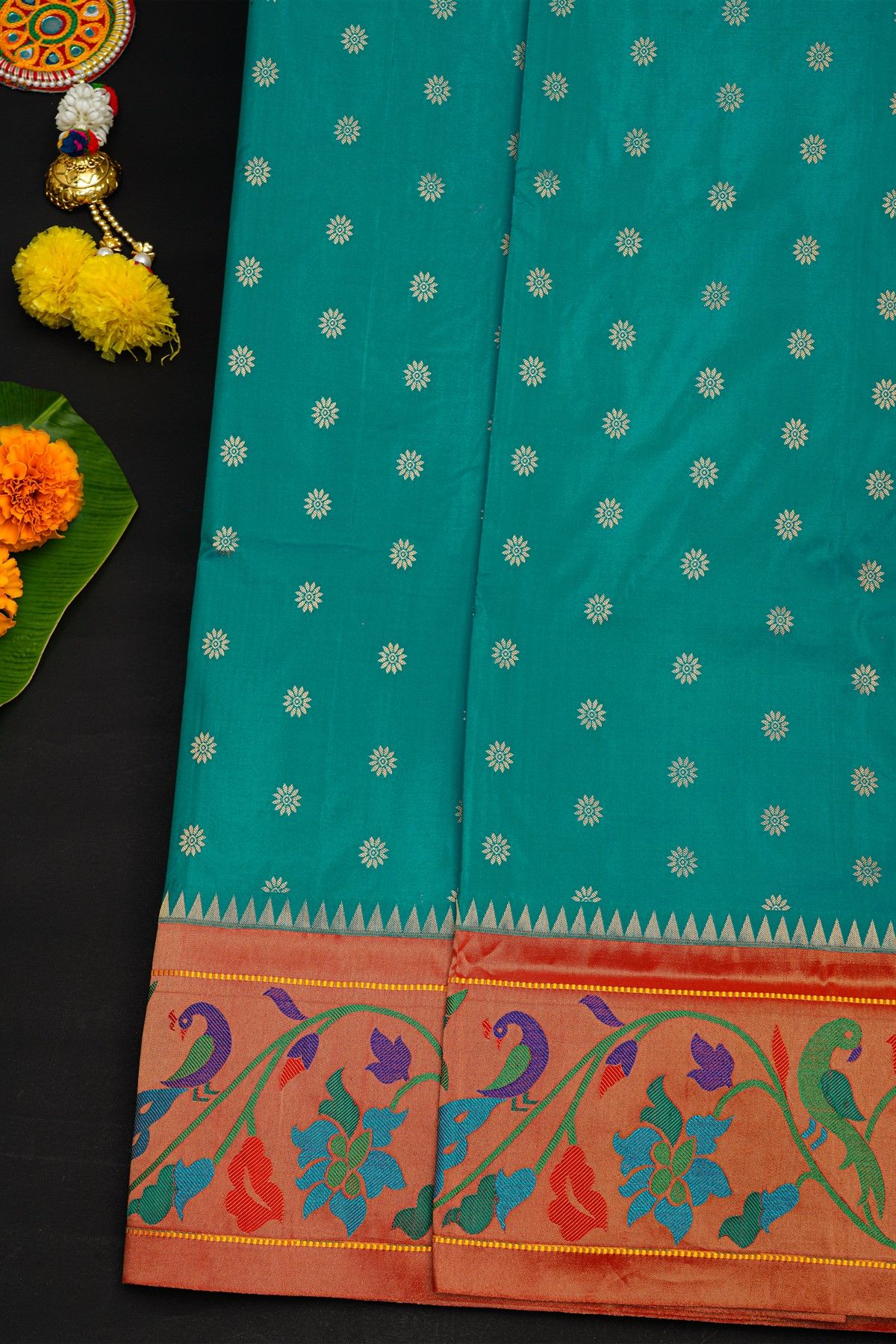 Narayanpet Silk Teal Green Saree With Paithani Peacocks Border