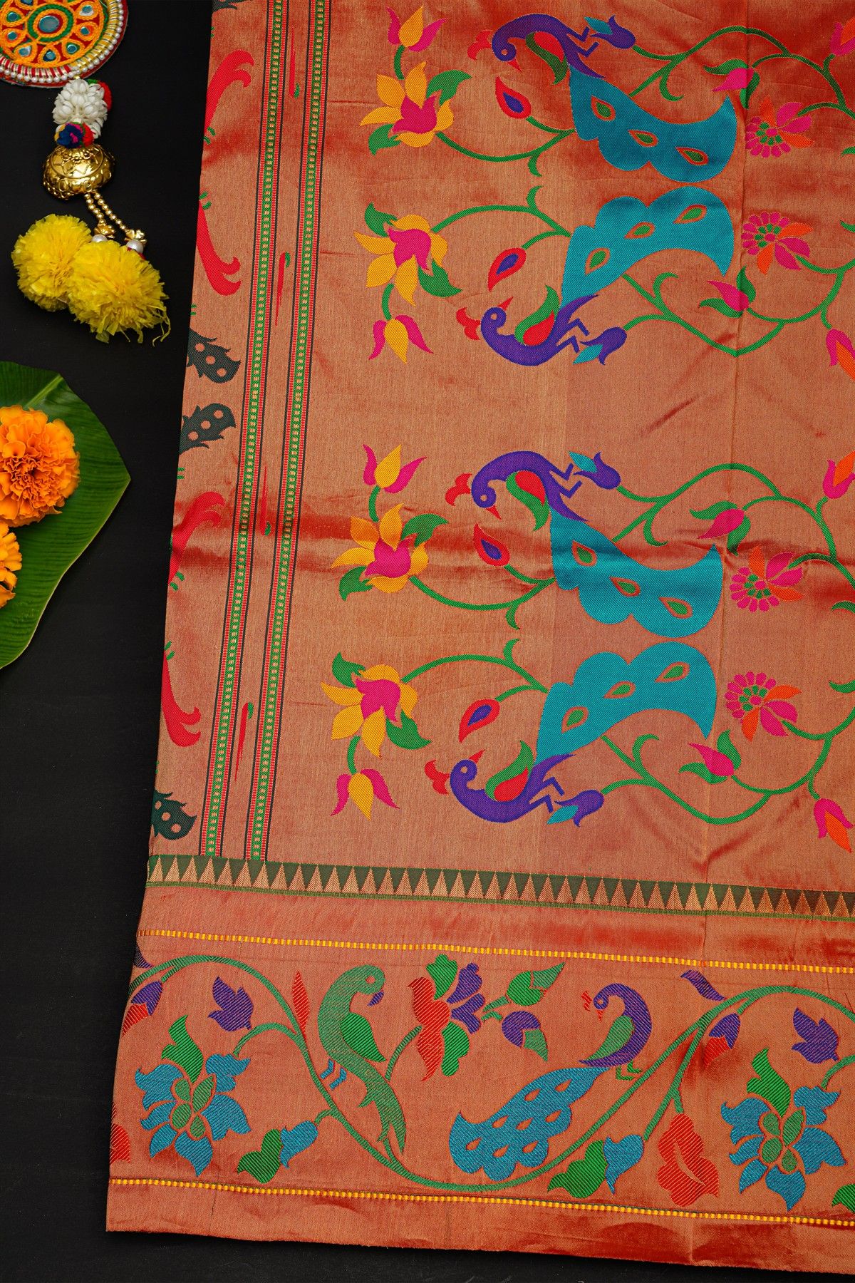 Narayanpet Silk Teal Green Saree With Paithani Peacocks Border