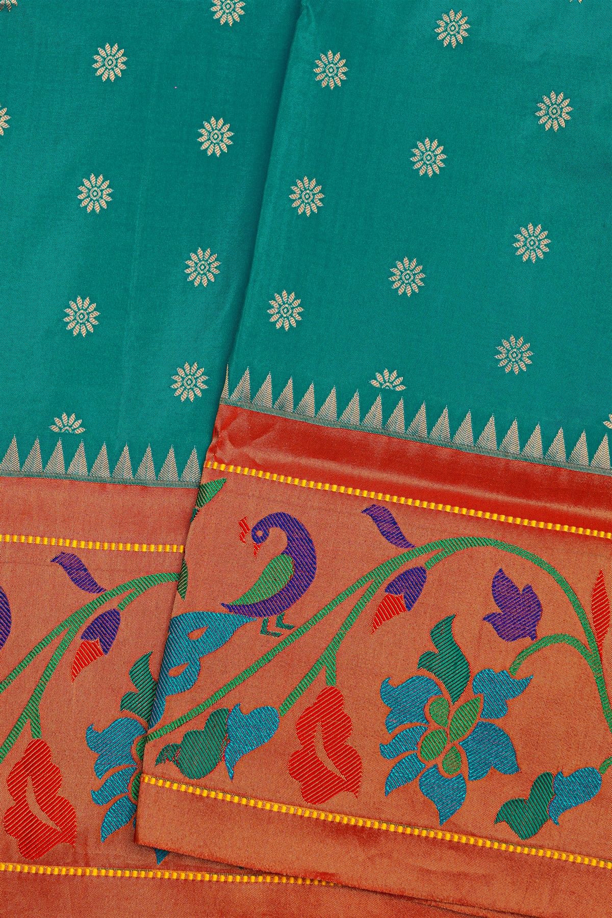 Narayanpet Silk Teal Green Saree With Paithani Peacocks Border