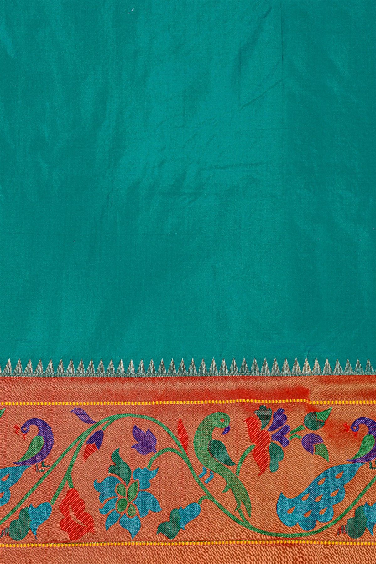 Narayanpet Silk Teal Green Saree With Paithani Peacocks Border