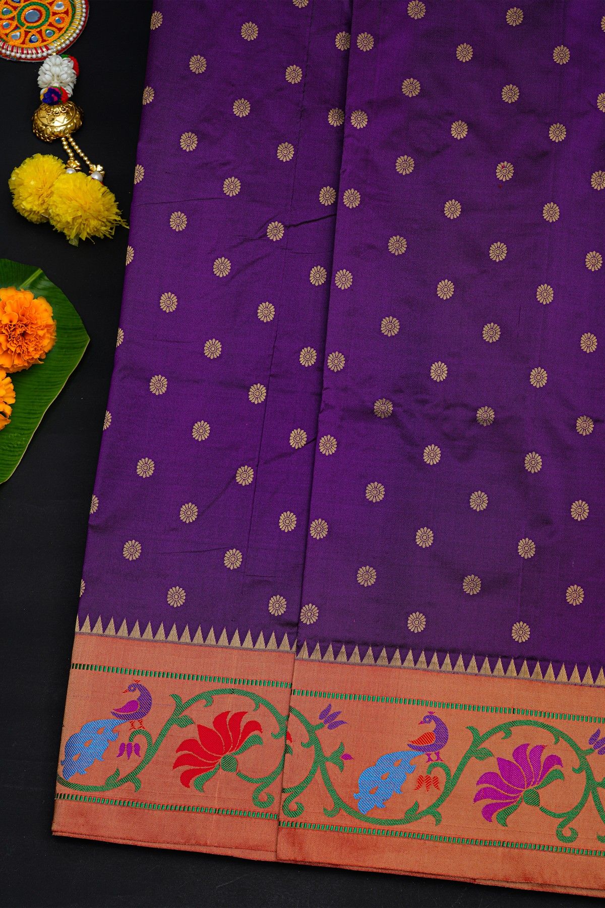 Narayanpet Silk Purple Saree With Florals And Peacocks Border