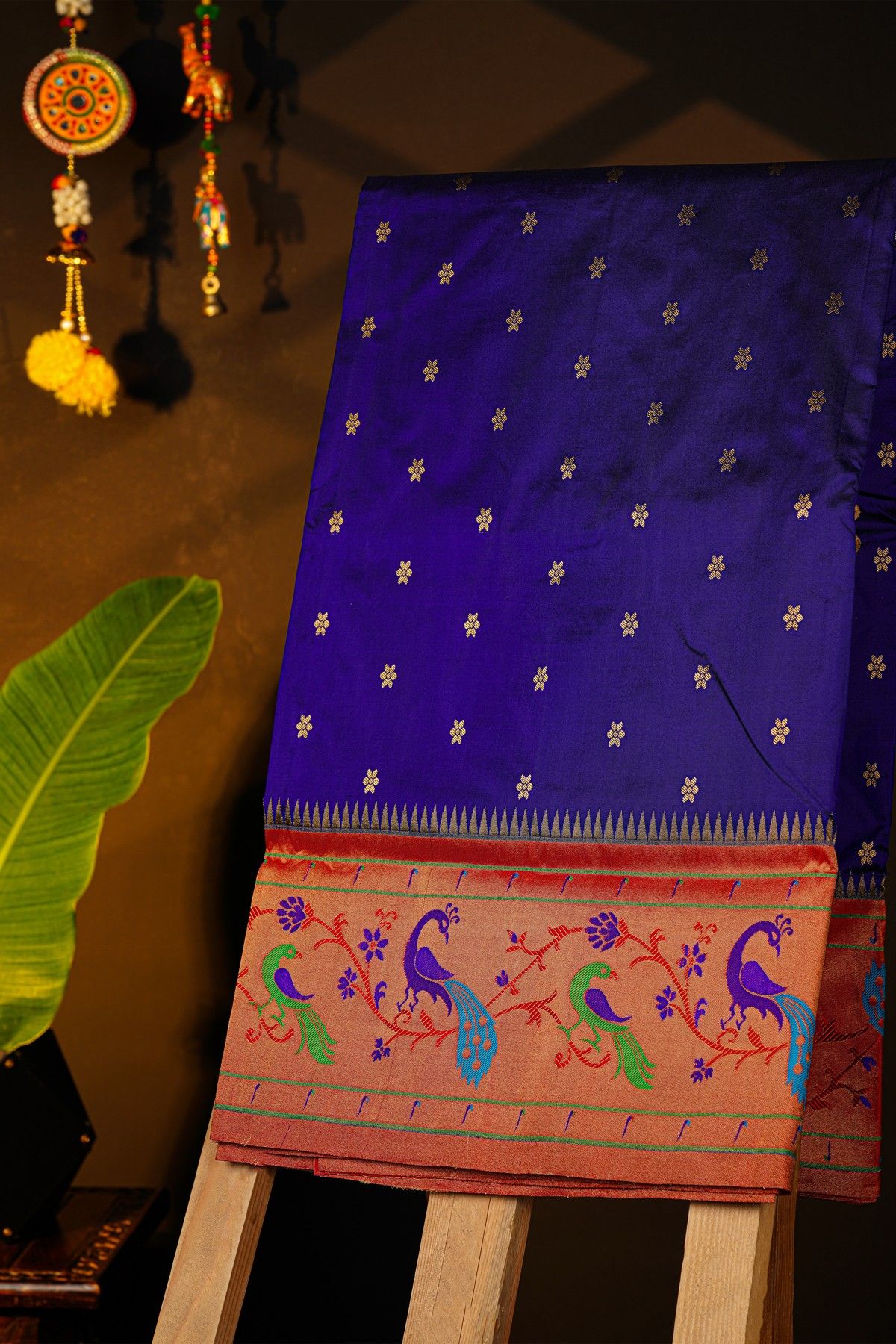 Narayanpet Silk Royal Blue Saree With Florals And Peacocks In Paithani Border