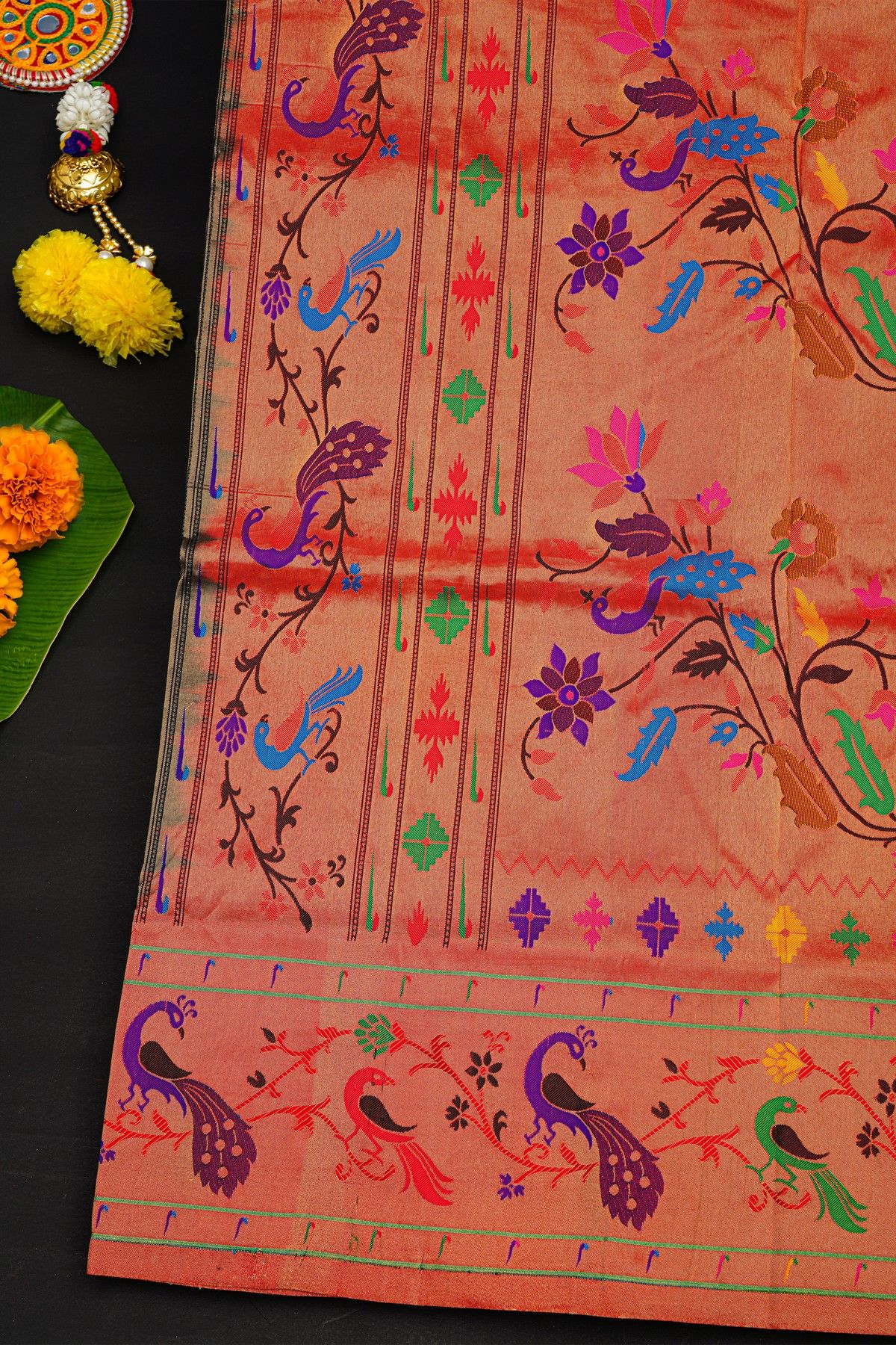 Narayanpet Silk Royal Blue Saree With Florals And Peacocks In Paithani Border