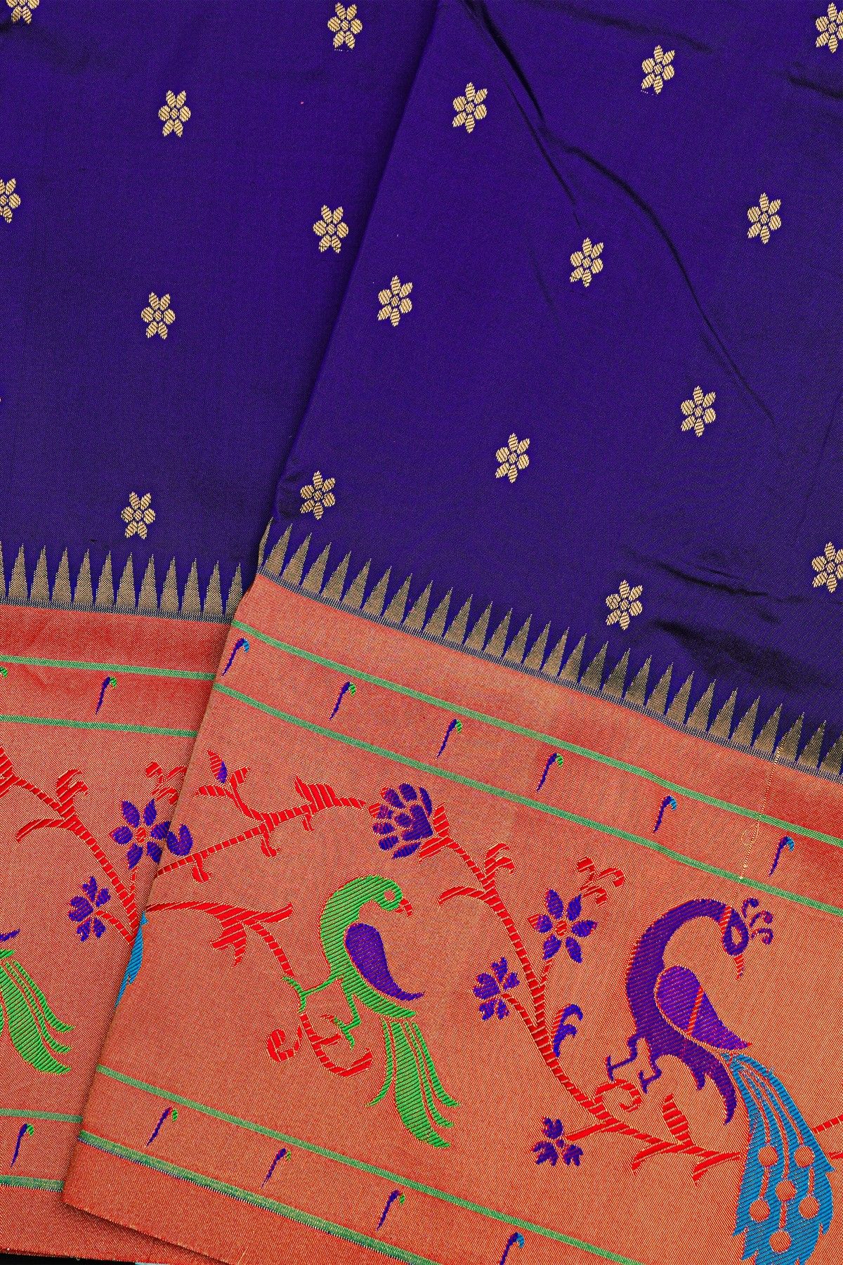 Narayanpet Silk Royal Blue Saree With Florals And Peacocks In Paithani Border