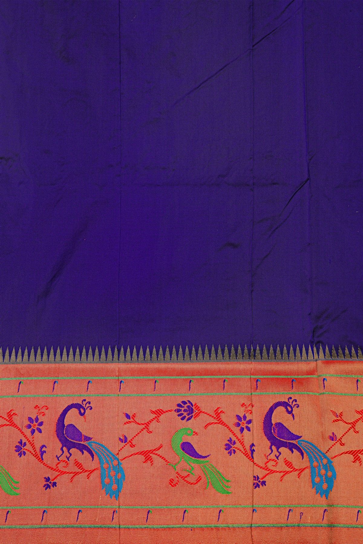 Narayanpet Silk Royal Blue Saree With Florals And Peacocks In Paithani Border
