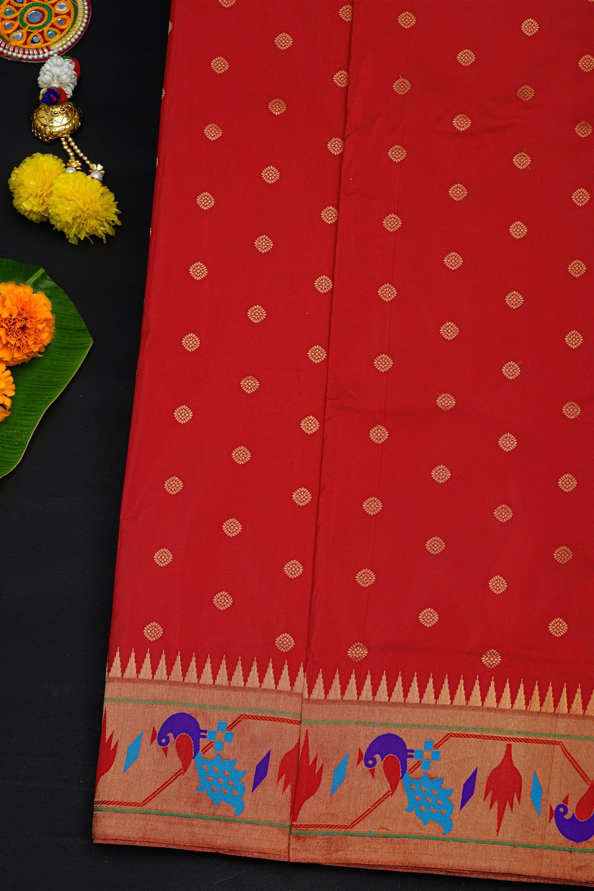 Narayanpet Silk Red Saree With Paithani Peacocks Border