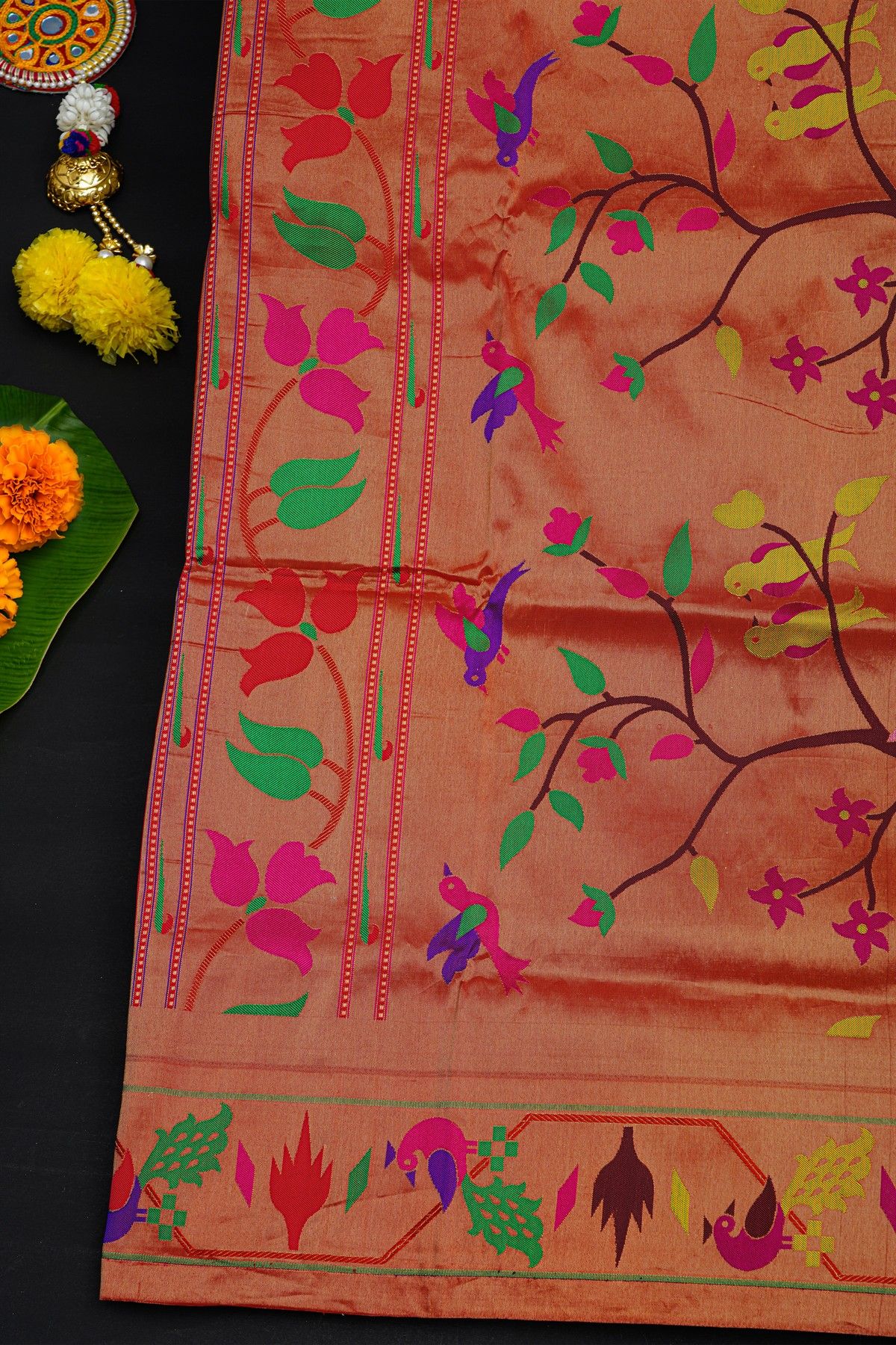 Narayanpet Silk Red Saree With Paithani Peacocks Border