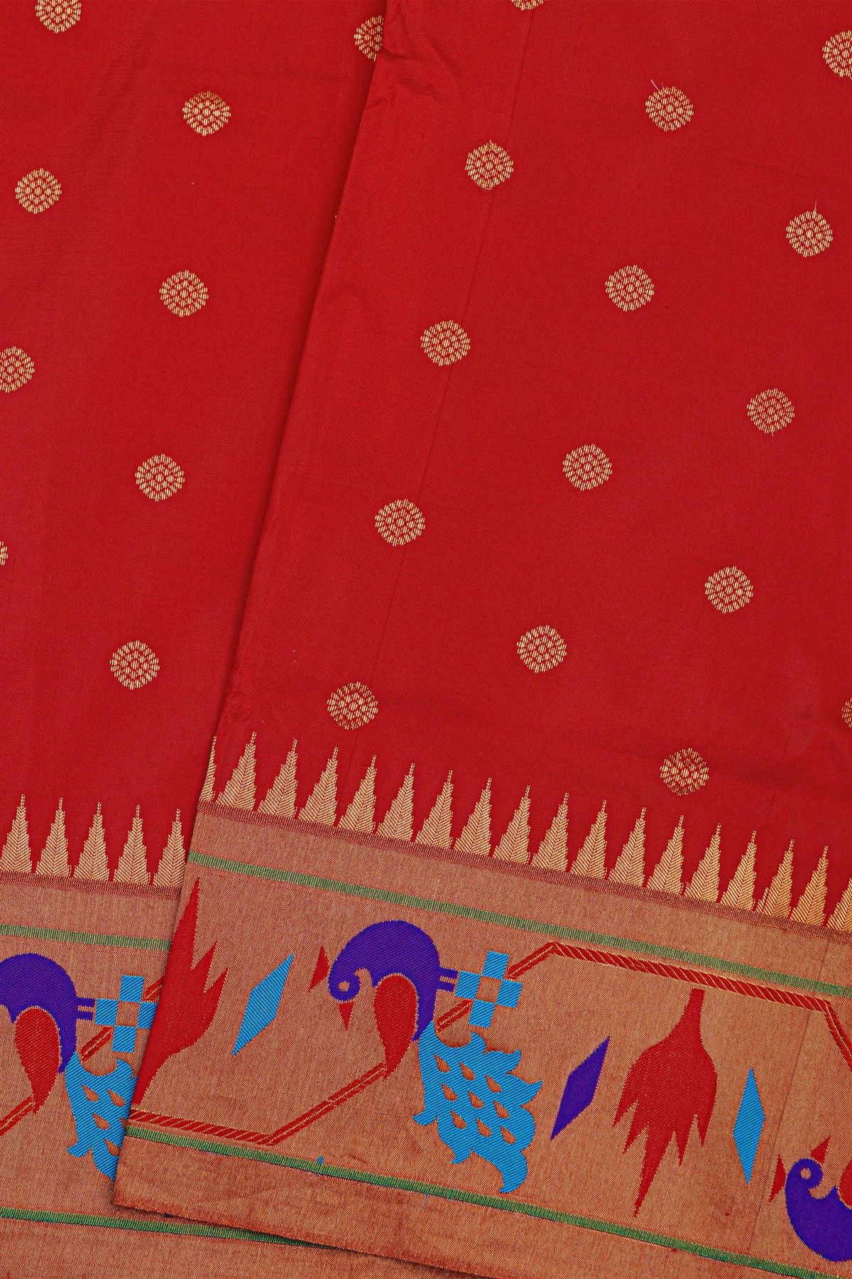 Narayanpet Silk Red Saree With Paithani Peacocks Border