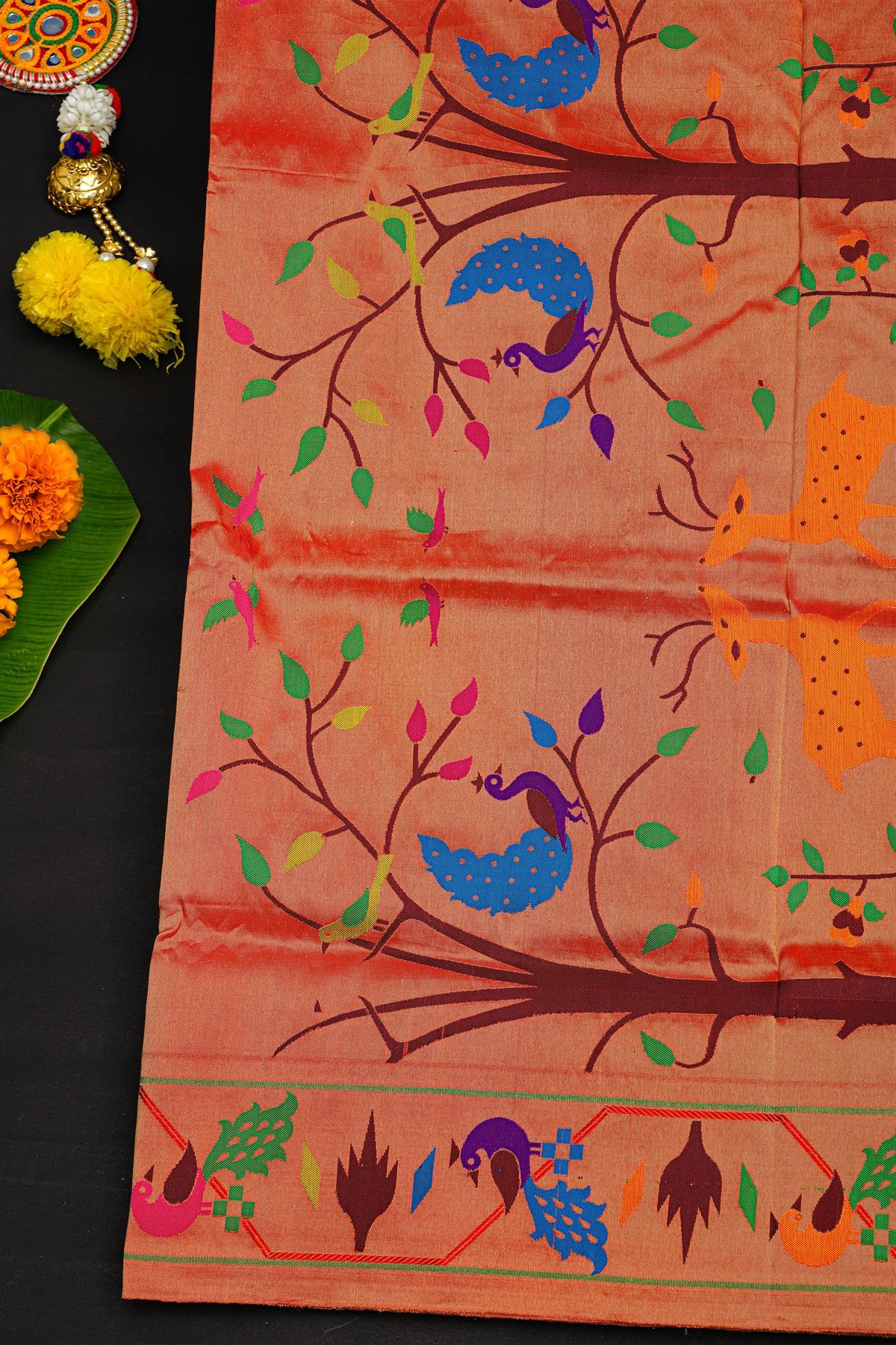 Narayanpet Silk Royal Blue Saree With Peacocks In Paithani Border