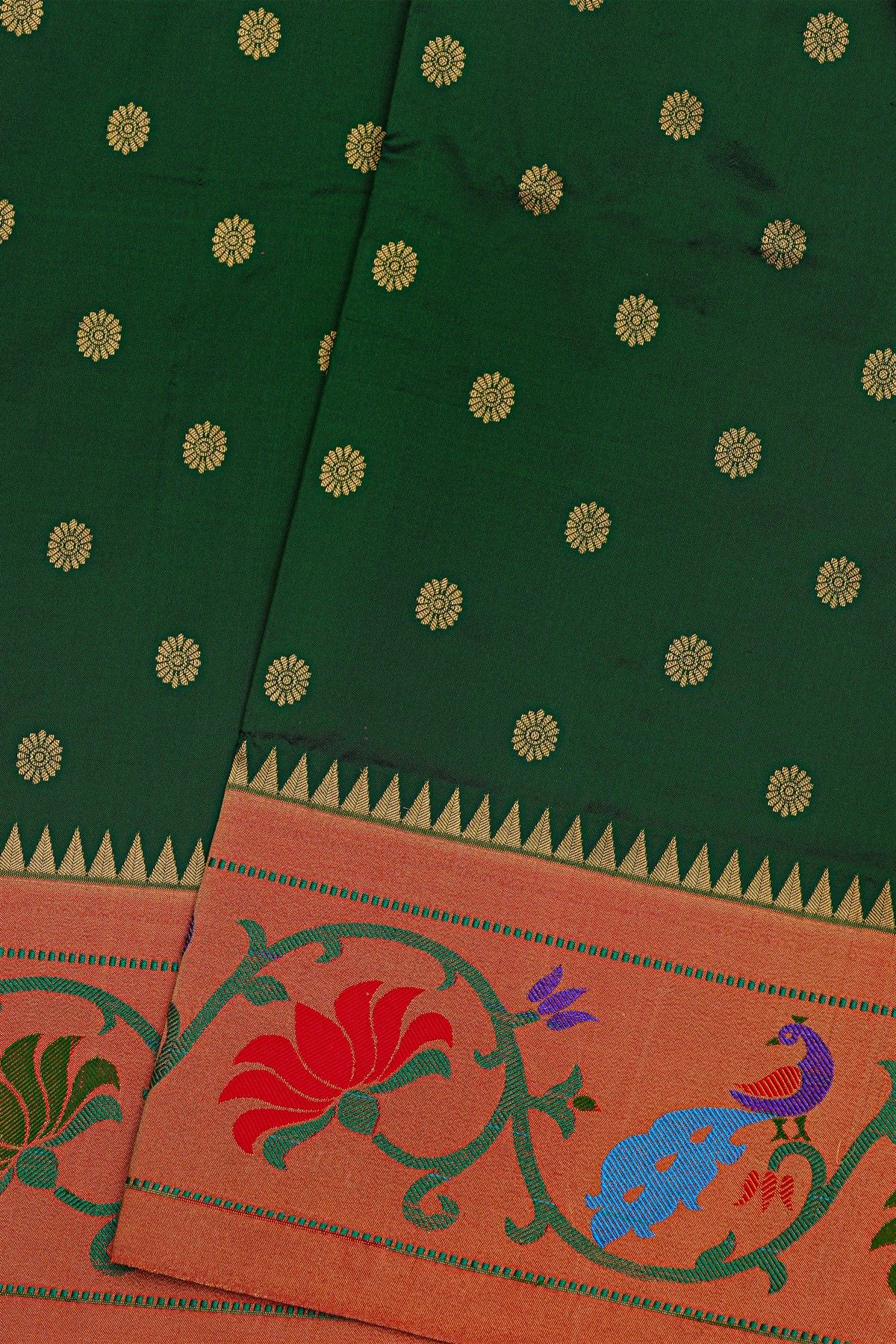 Narayanpet Silk Bottle Green Saree With Paithani Pallu And Border