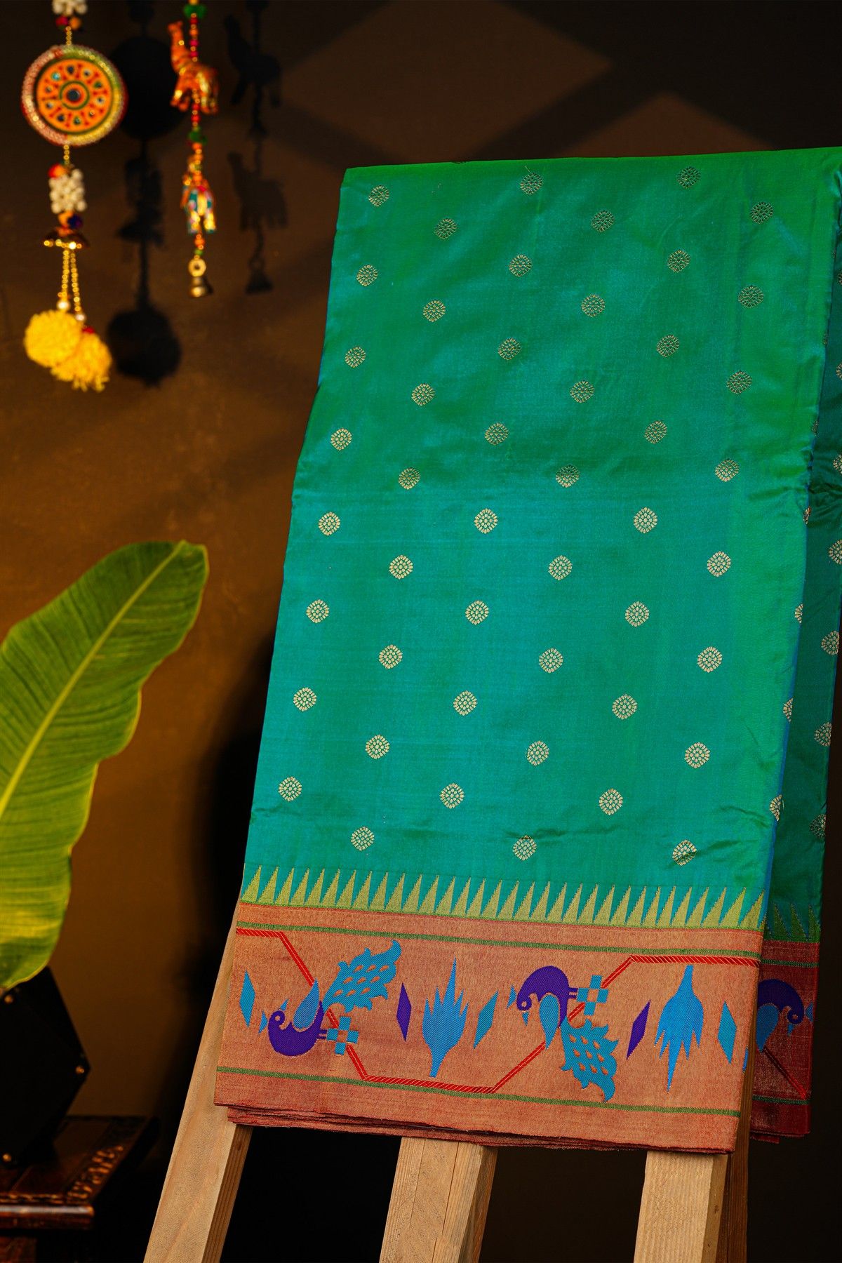 Narayanpet Silk Sea Green Saree With Peacocks In Paithani Border