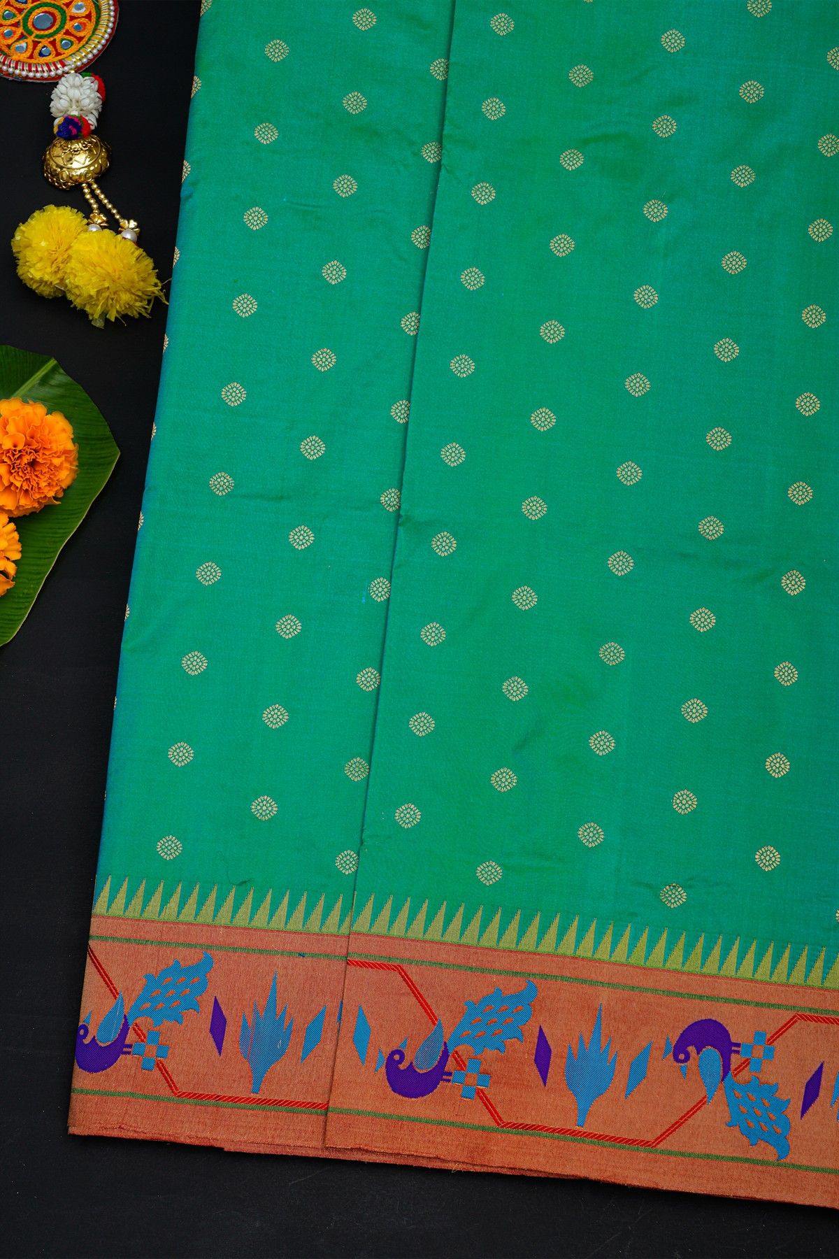 Narayanpet Silk Sea Green Saree With Peacocks In Paithani Border