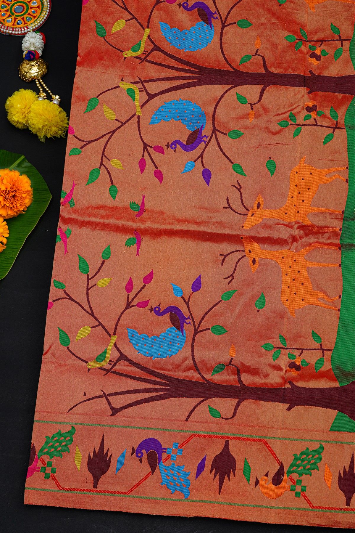 Narayanpet Silk Sea Green Saree With Peacocks In Paithani Border