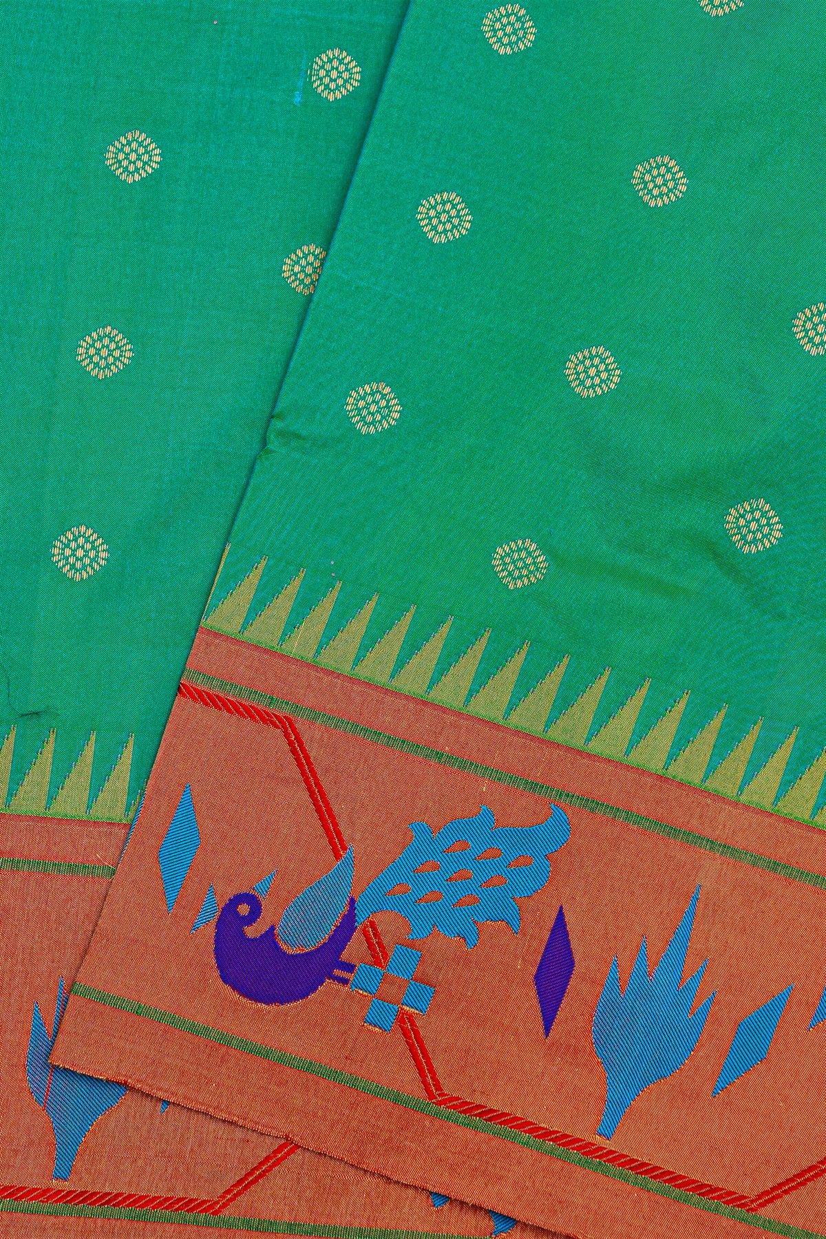 Narayanpet Silk Sea Green Saree With Peacocks In Paithani Border