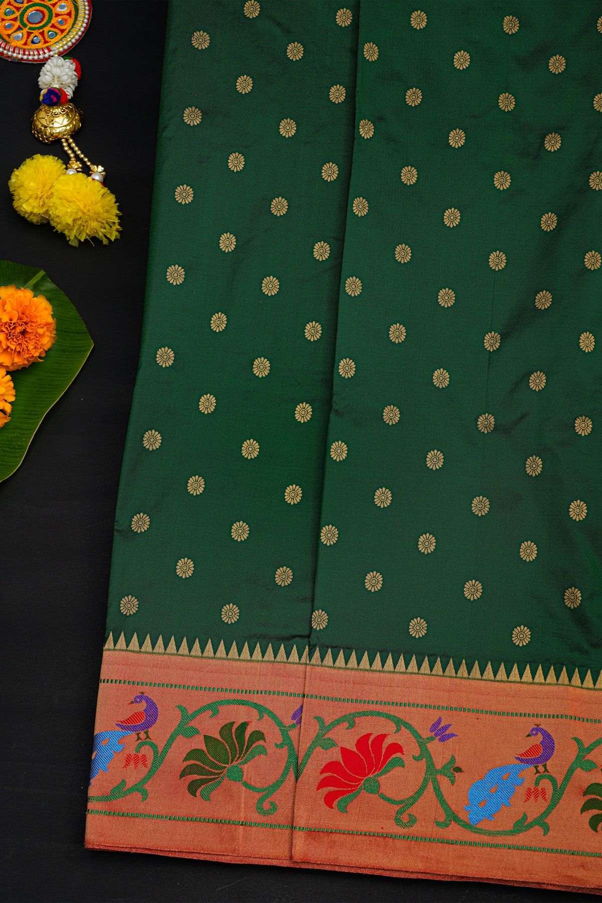 Narayanpet Silk Dark Green Saree With Paithani Border