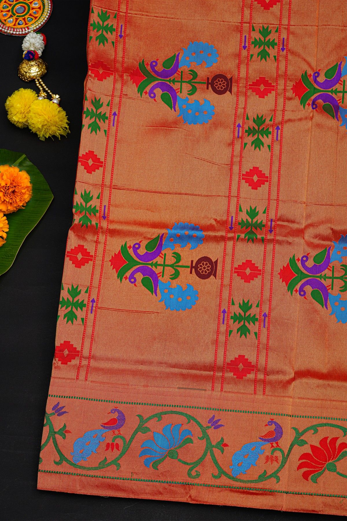 Narayanpet Silk Dark Green Saree With Paithani Border