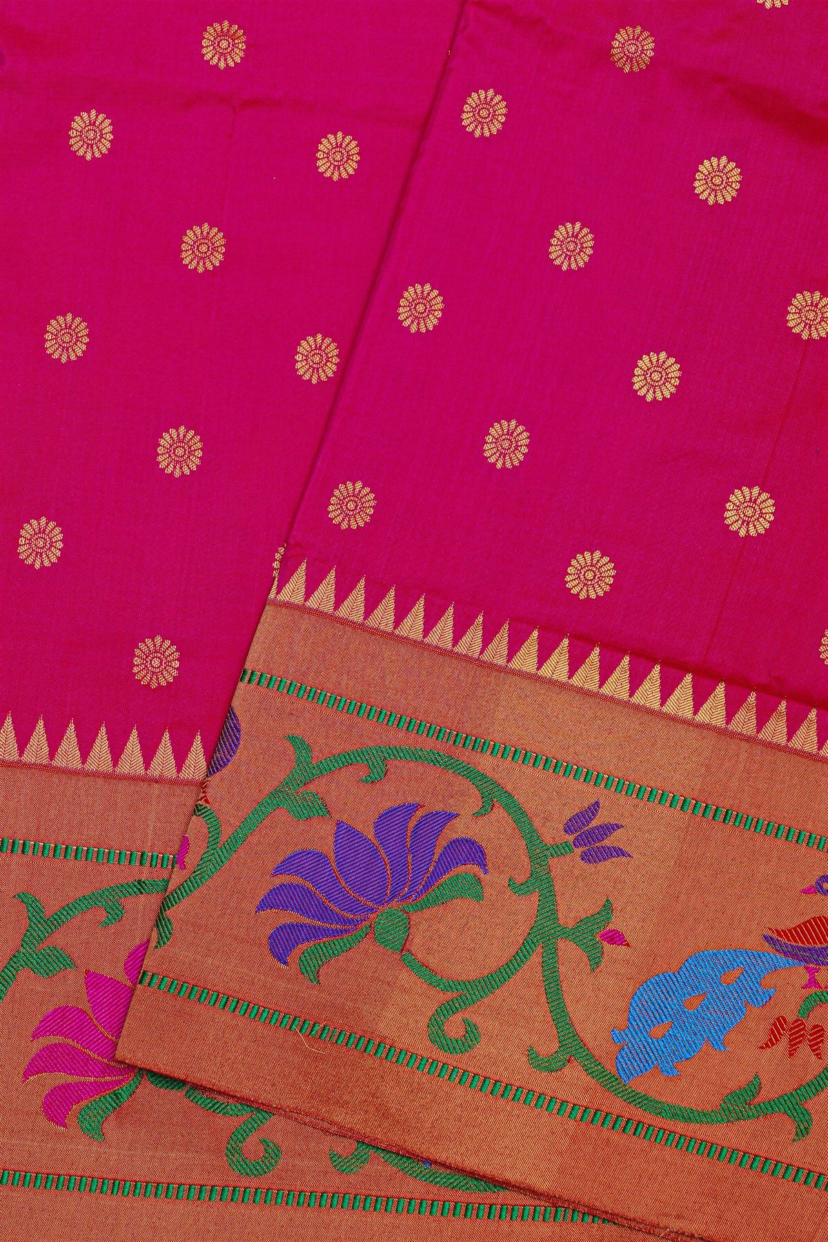 Narayanpet Silk Rani Pink Saree With Florals And Peacocks Paithani Border
