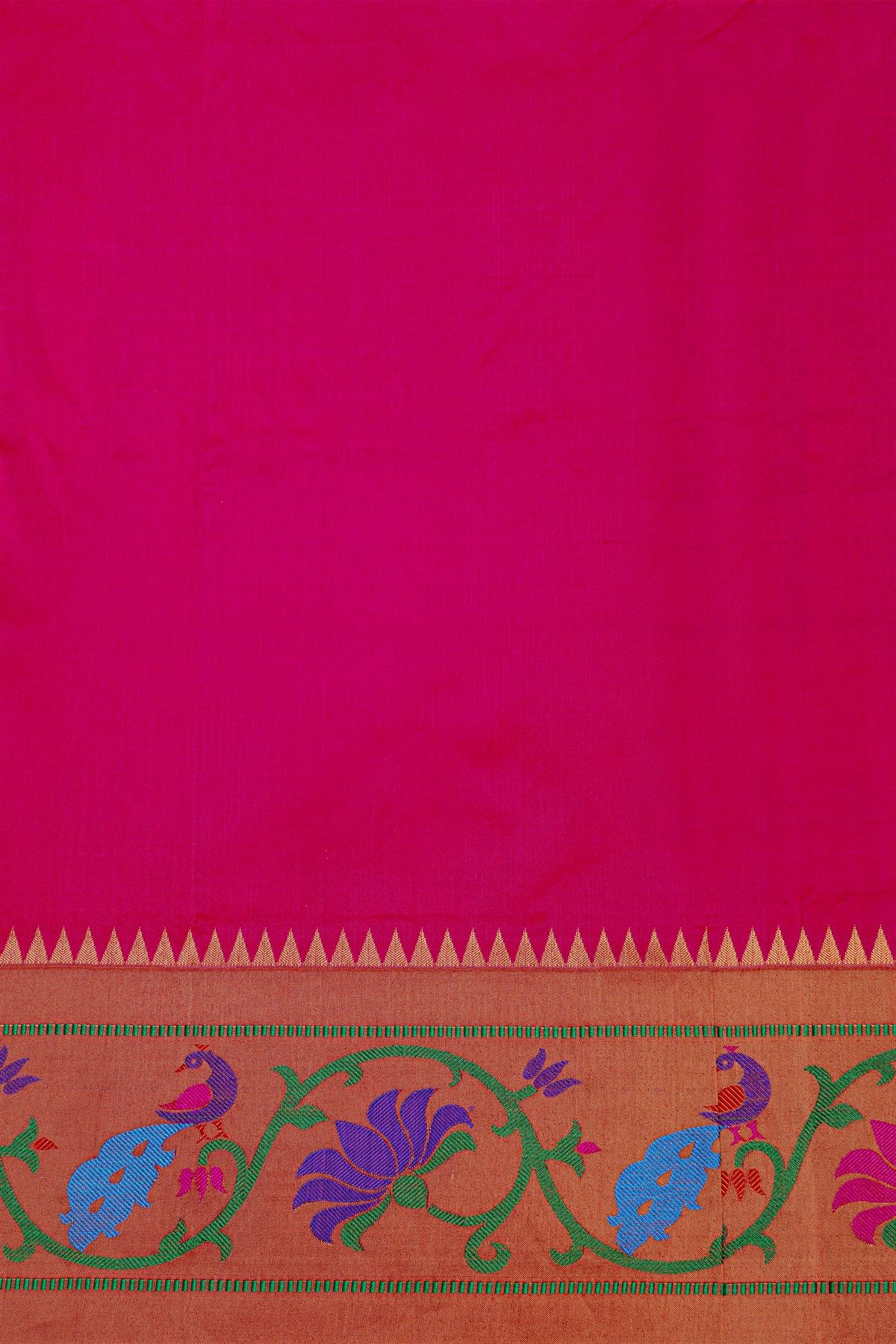 Narayanpet Silk Rani Pink Saree With Florals And Peacocks Paithani Border