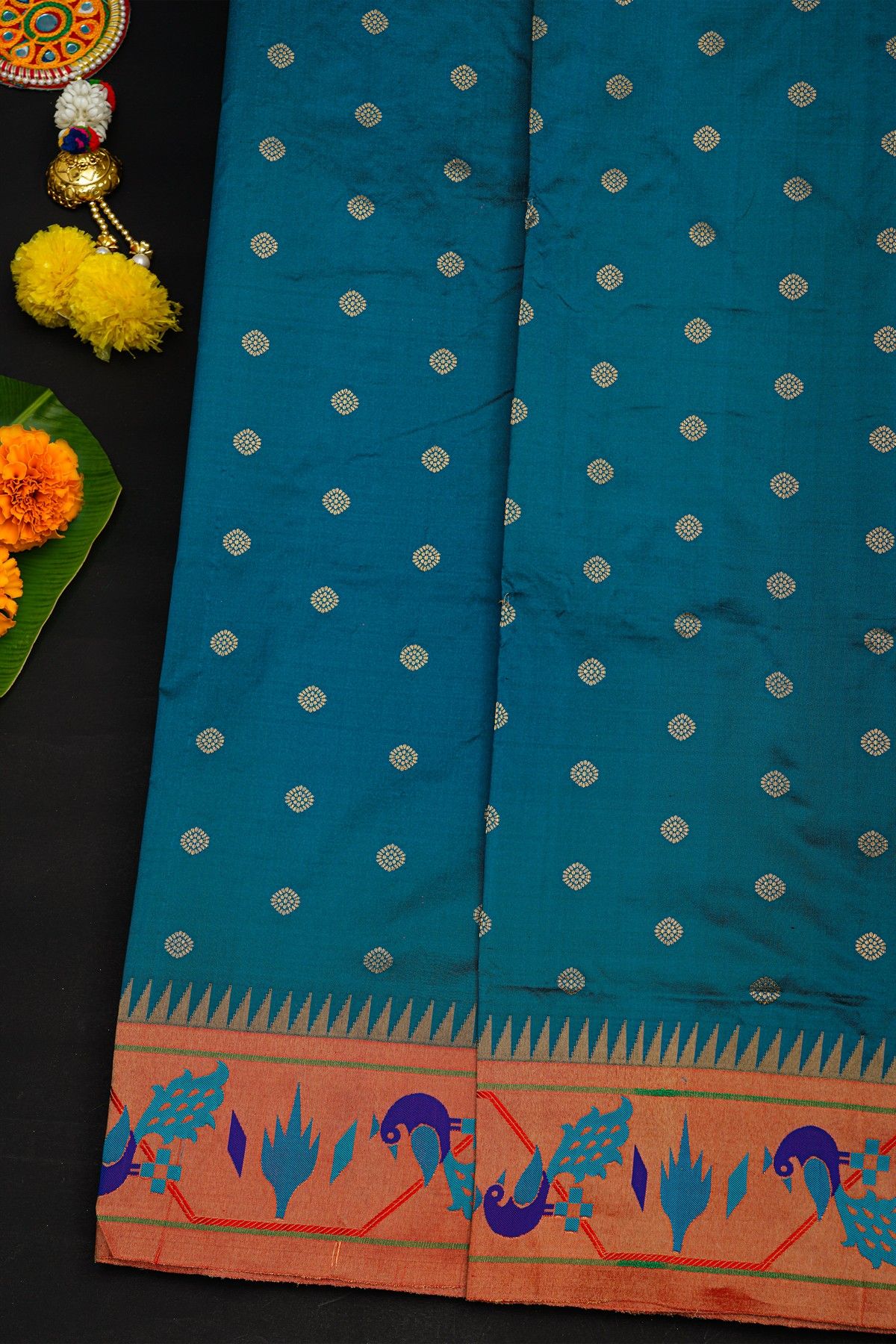 Narayanpet Silk Teal Blue Saree With Paithani Border