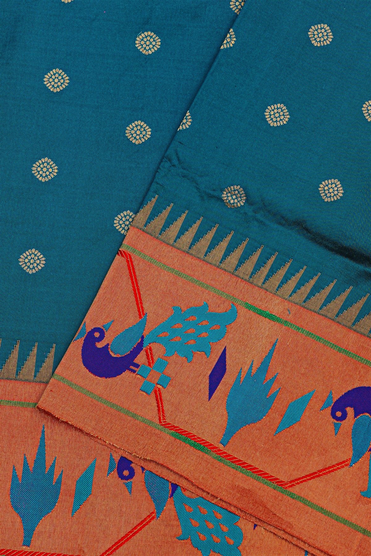 Narayanpet Silk Teal Blue Saree With Paithani Border