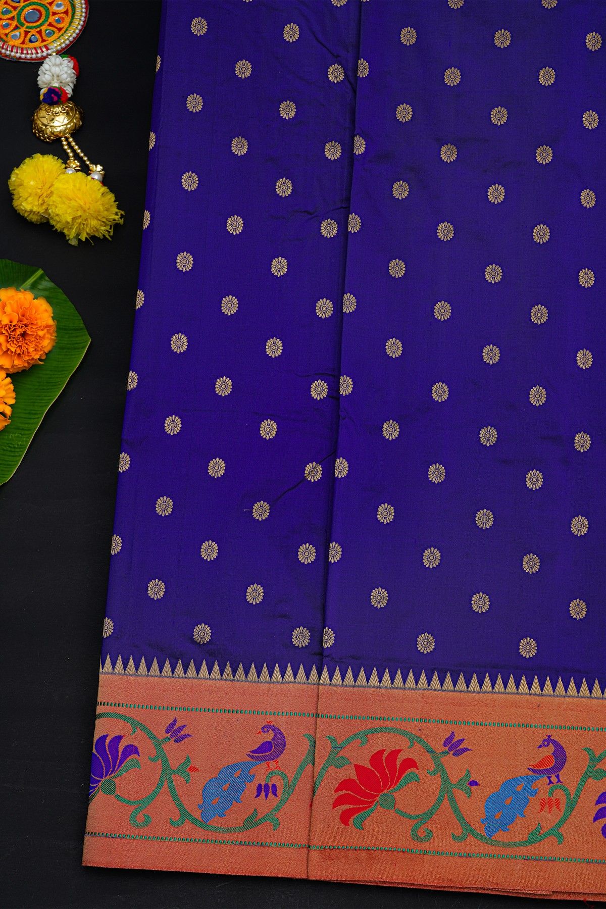 Narayanpet Silk Royal Blue Saree With Florals And Peacocks Paithani Border