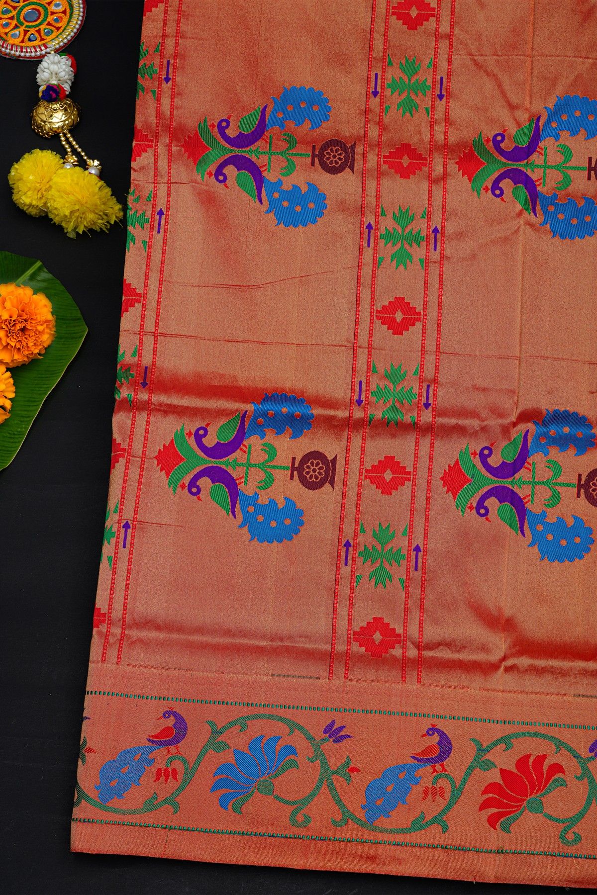 Narayanpet Silk Royal Blue Saree With Florals And Peacocks Paithani Border
