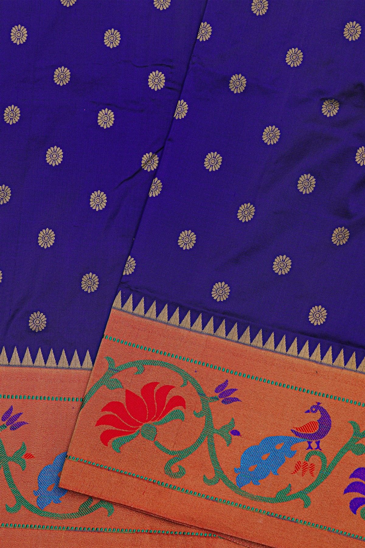 Narayanpet Silk Royal Blue Saree With Florals And Peacocks Paithani Border