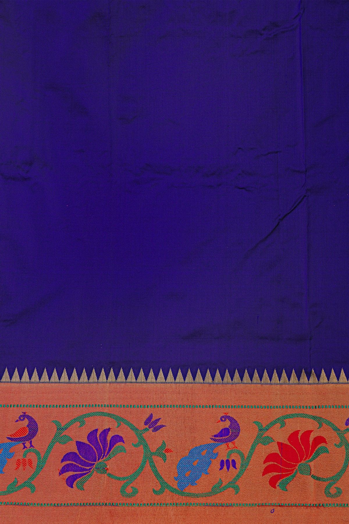 Narayanpet Silk Royal Blue Saree With Florals And Peacocks Paithani Border