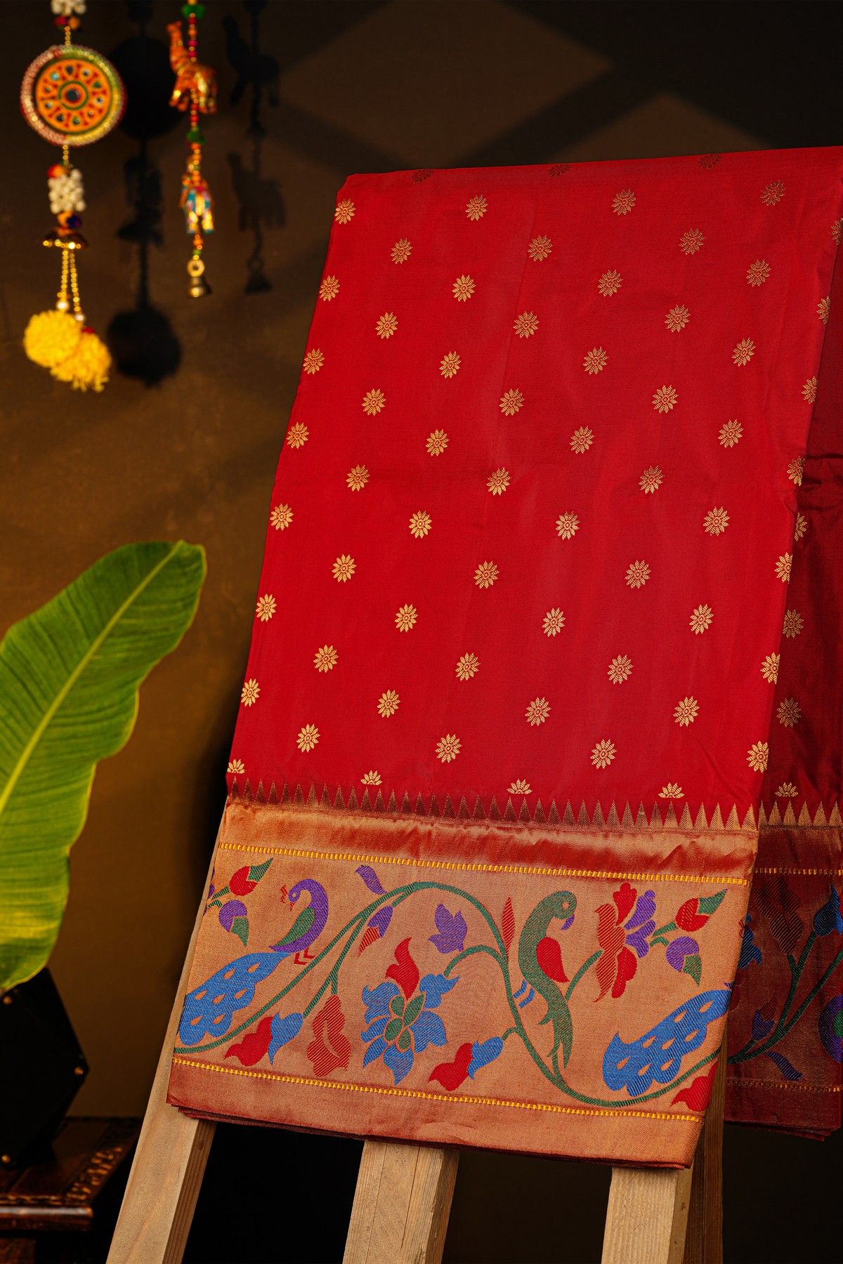 Narayanpet Silk Red Saree With Florals And Peacocks Paithani Border
