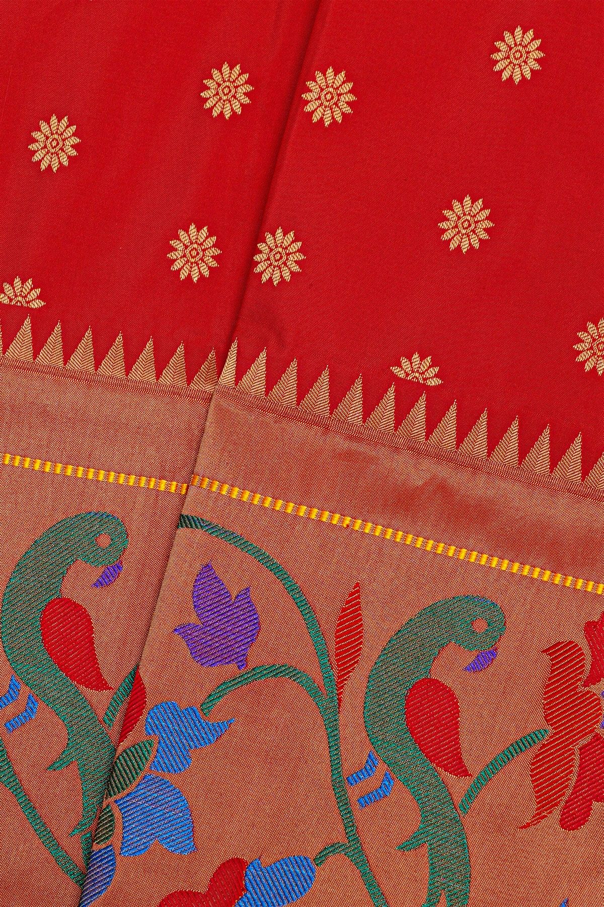 Narayanpet Silk Red Saree With Florals And Peacocks Paithani Border
