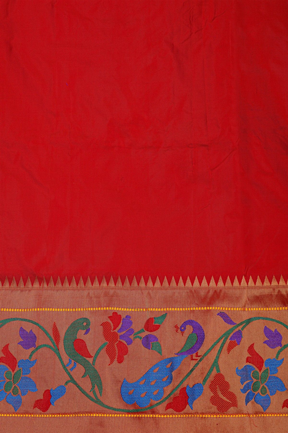 Narayanpet Silk Red Saree With Florals And Peacocks Paithani Border