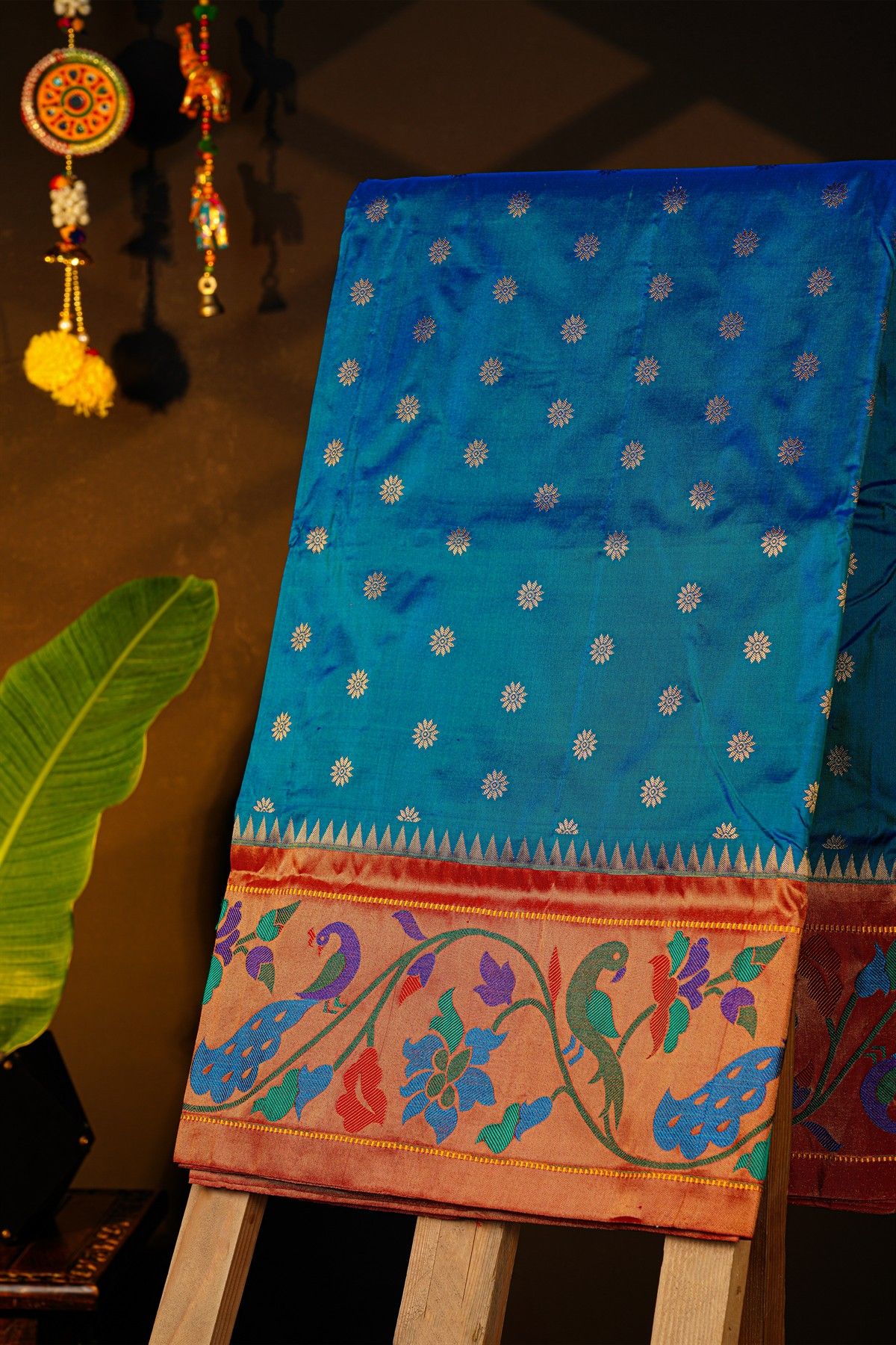 Narayanpet Silk Peacock Blue Saree With Florals And Peacocks Paithani Border