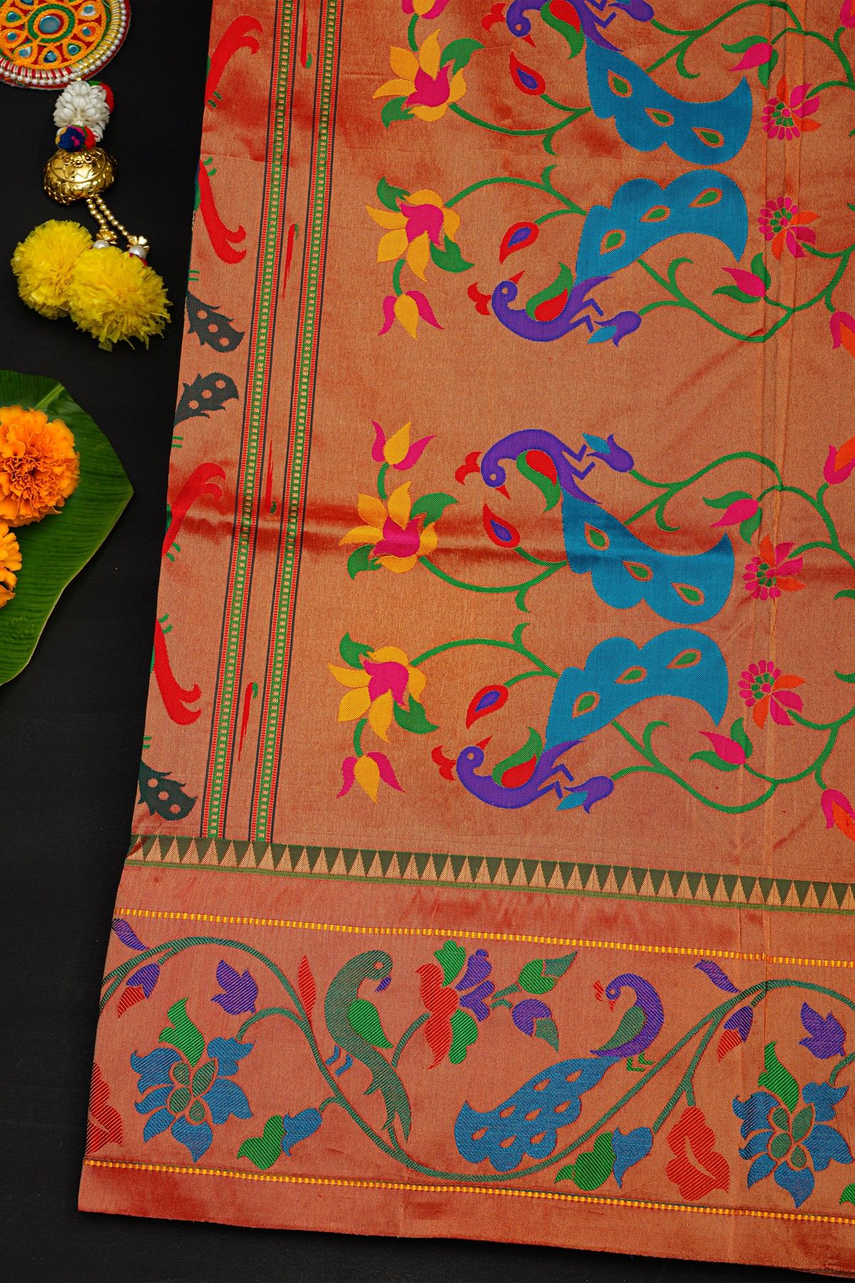 Narayanpet Silk Peacock Blue Saree With Florals And Peacocks Paithani Border