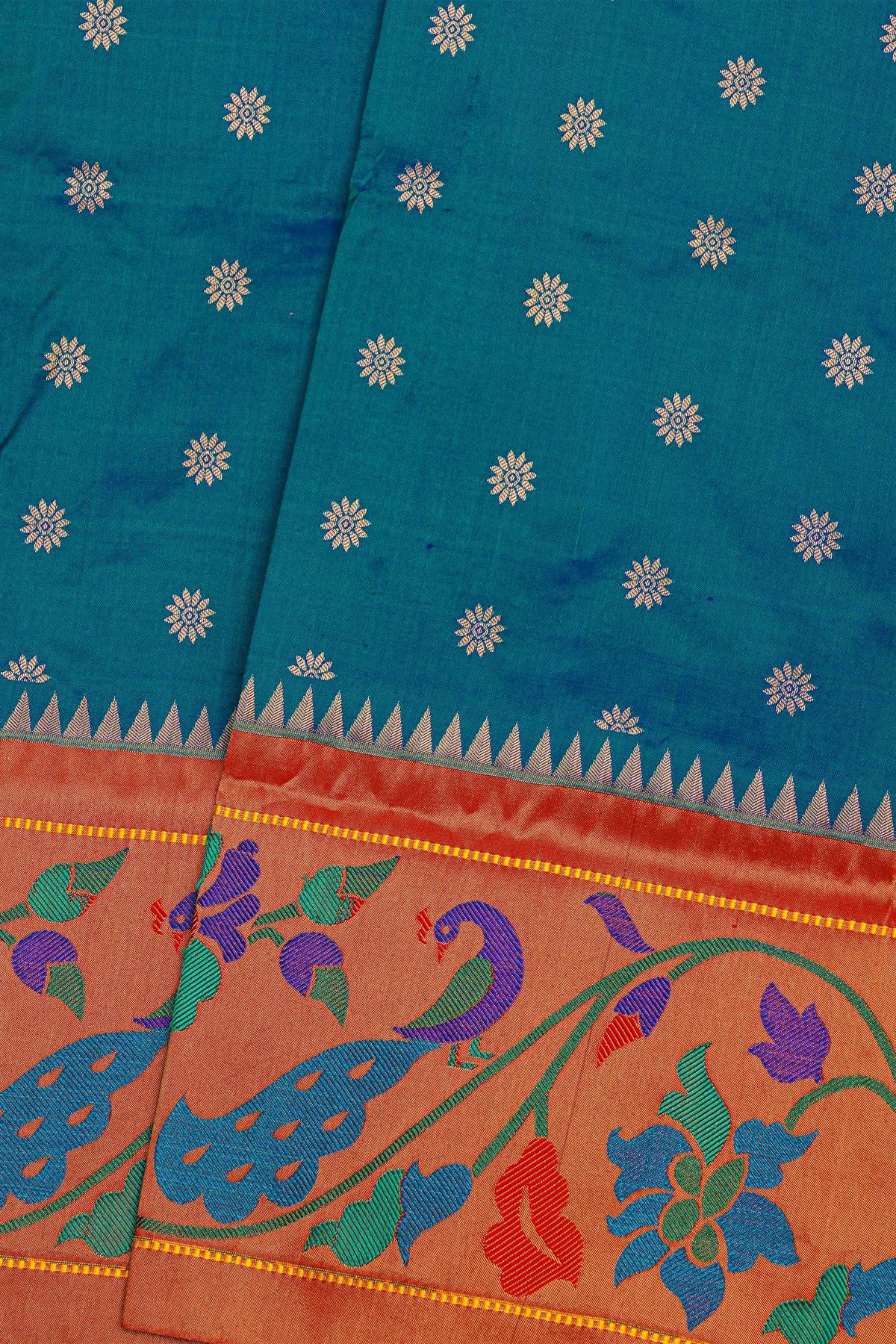 Narayanpet Silk Peacock Blue Saree With Florals And Peacocks Paithani Border