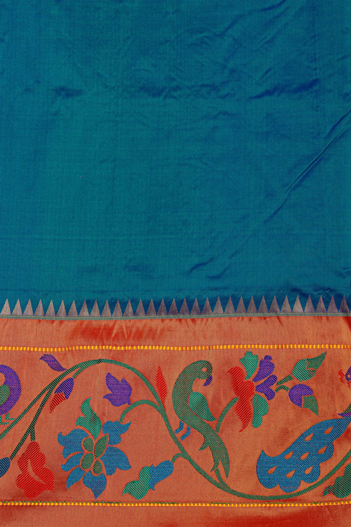 Narayanpet Silk Peacock Blue Saree With Florals And Peacocks Paithani Border