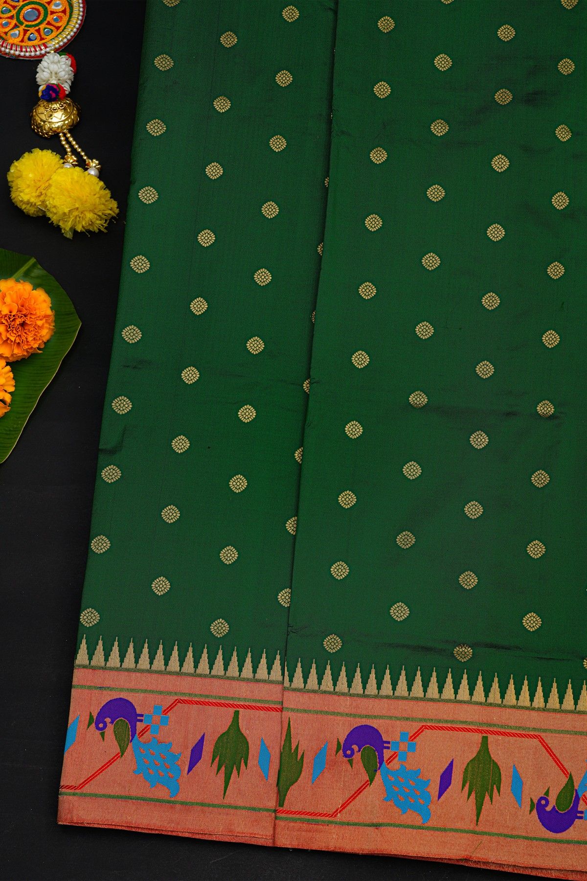 Narayanpet Silk Bottle Green Saree With Paithani Peacocks Border