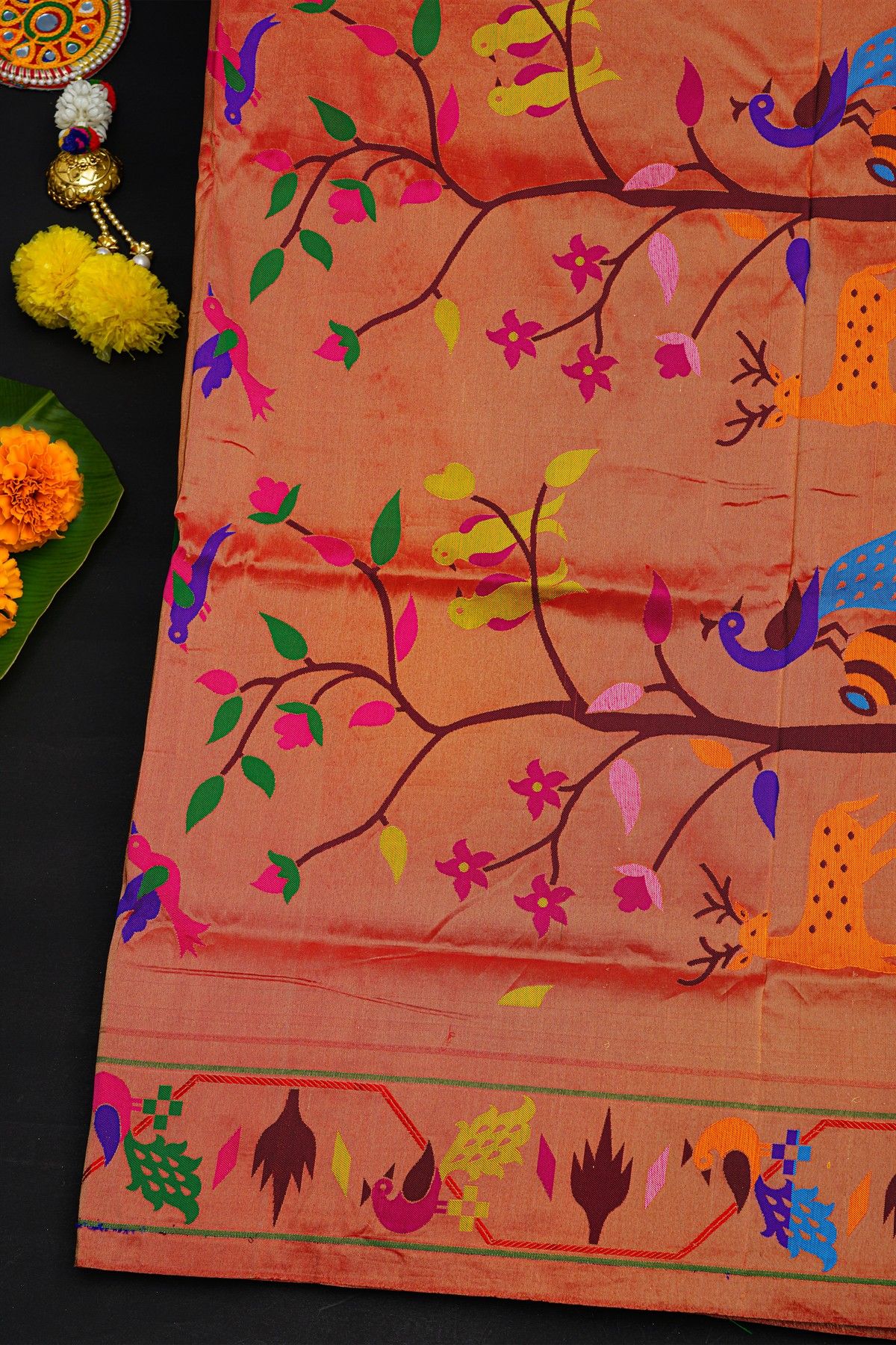 Narayanpet Silk Bottle Green Saree With Paithani Peacocks Border