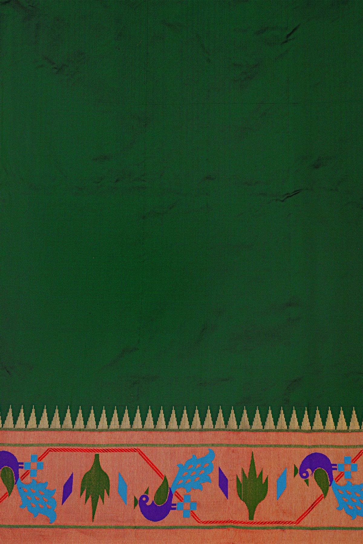 Narayanpet Silk Bottle Green Saree With Paithani Peacocks Border