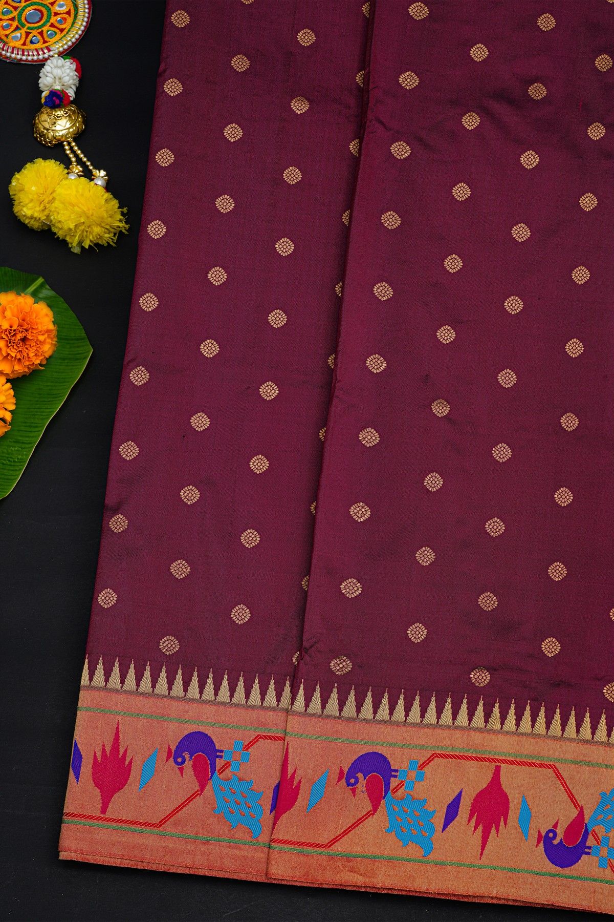 Narayanpet Silk Burgundy Saree With Paithani Pallu And Border