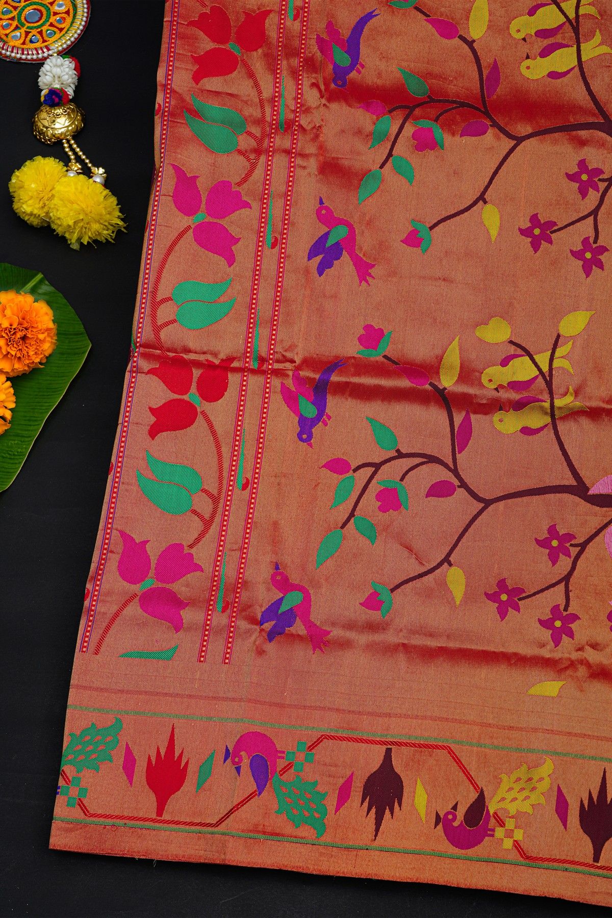 Narayanpet Silk Burgundy Saree With Paithani Pallu And Border