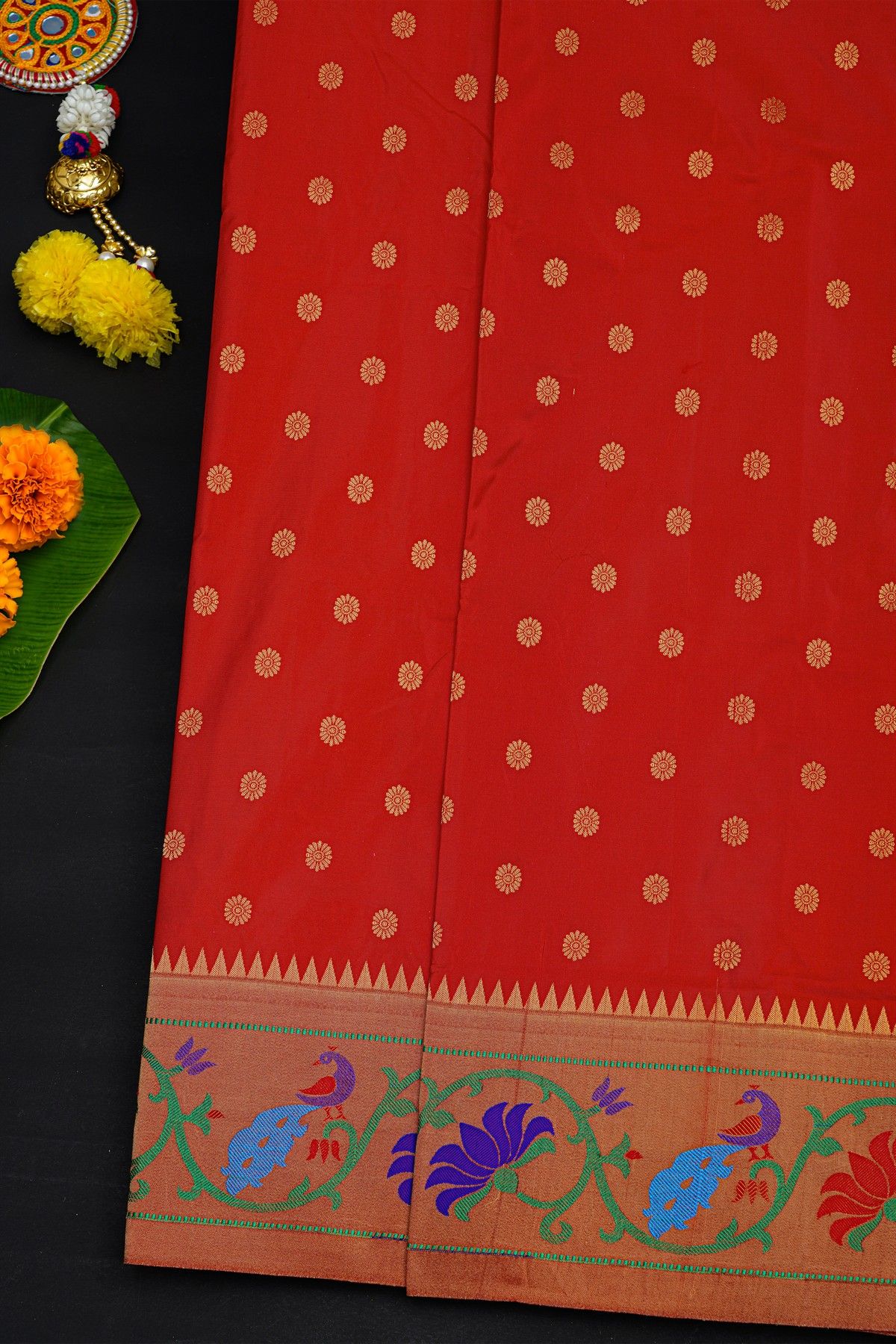 Narayanpet Silk Red Saree With Florals And Peacocks Paithani Border