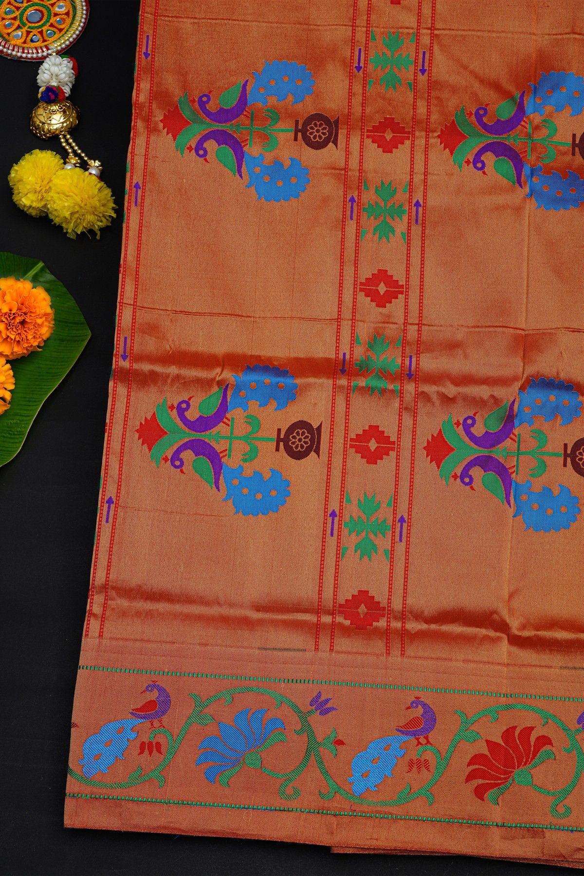 Narayanpet Silk Red Saree With Florals And Peacocks Paithani Border