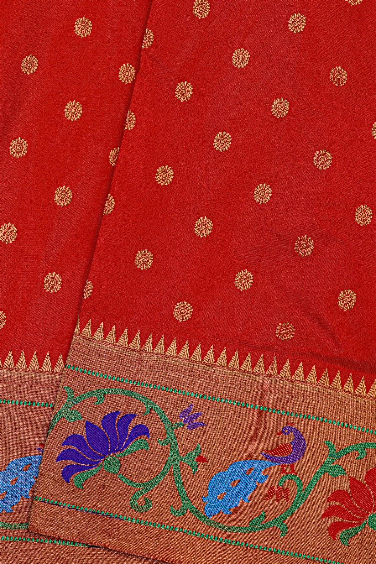 Narayanpet Silk Red Saree With Florals And Peacocks Paithani Border