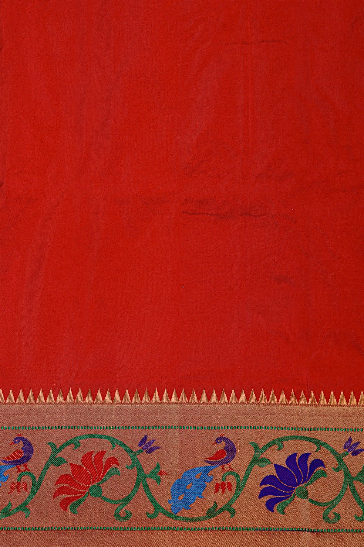 Narayanpet Silk Red Saree With Florals And Peacocks Paithani Border