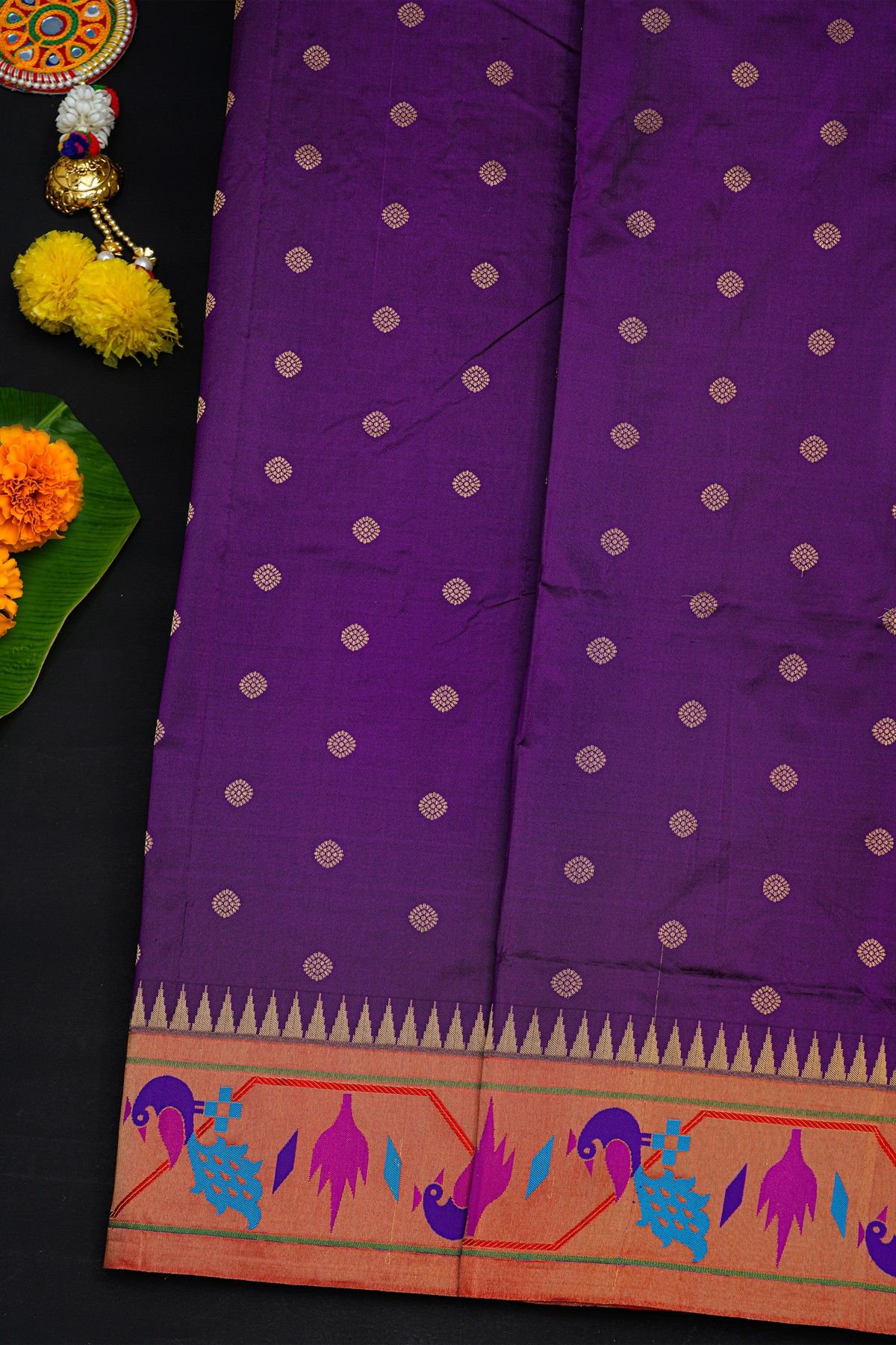 Narayanpet Silk Dark Purple Saree With Florals And Peacocks Paithani Border