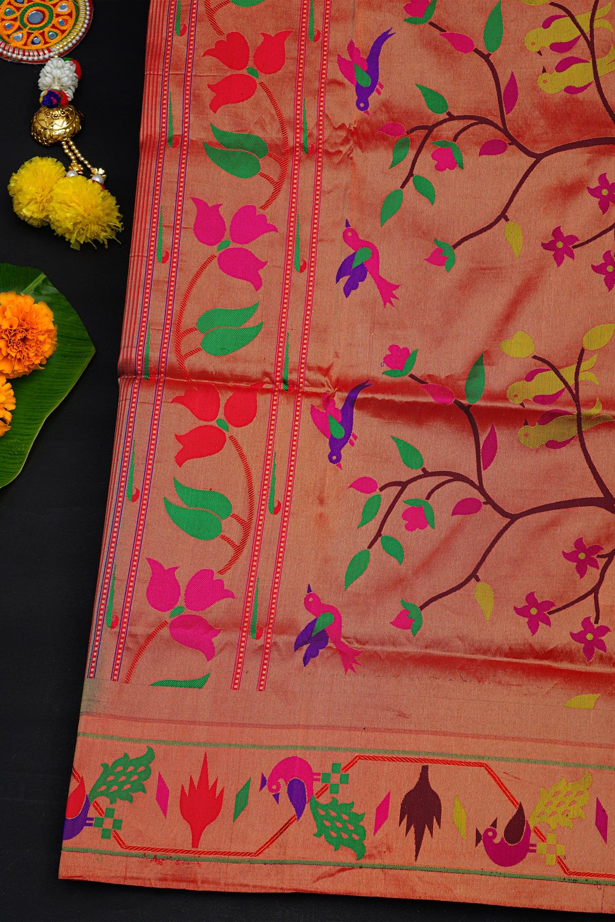 Narayanpet Silk Dark Purple Saree With Florals And Peacocks Paithani Border