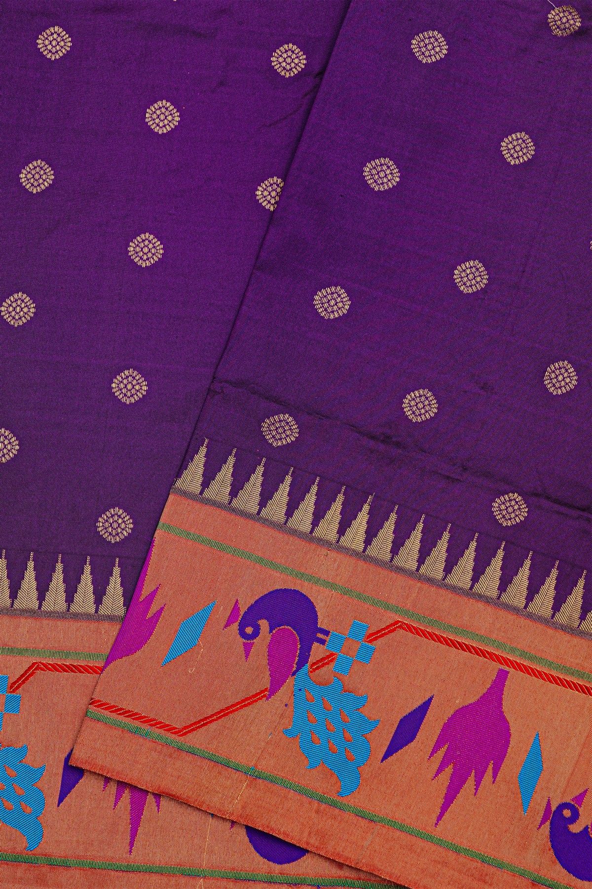 Narayanpet Silk Dark Purple Saree With Florals And Peacocks Paithani Border