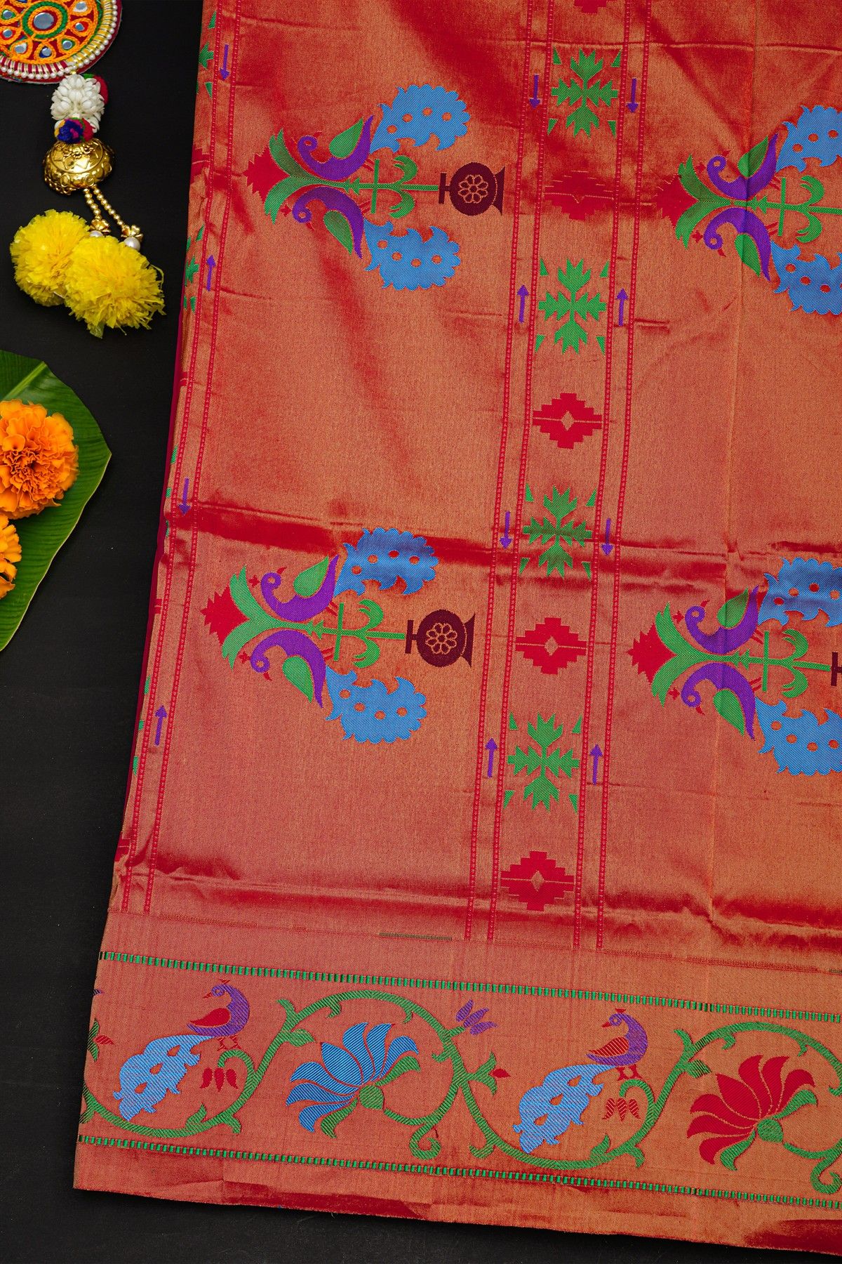 Narayanpet Silk Rani Pink Saree Florals And Peacocks In Paithani Border