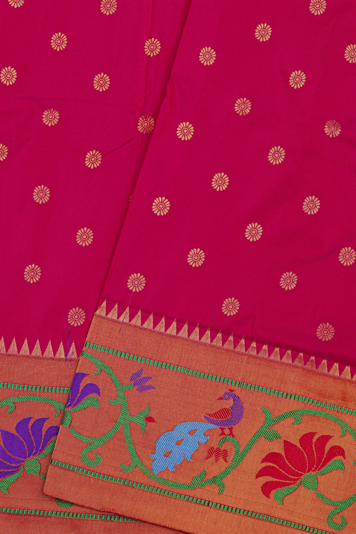 Narayanpet Silk Rani Pink Saree Florals And Peacocks In Paithani Border