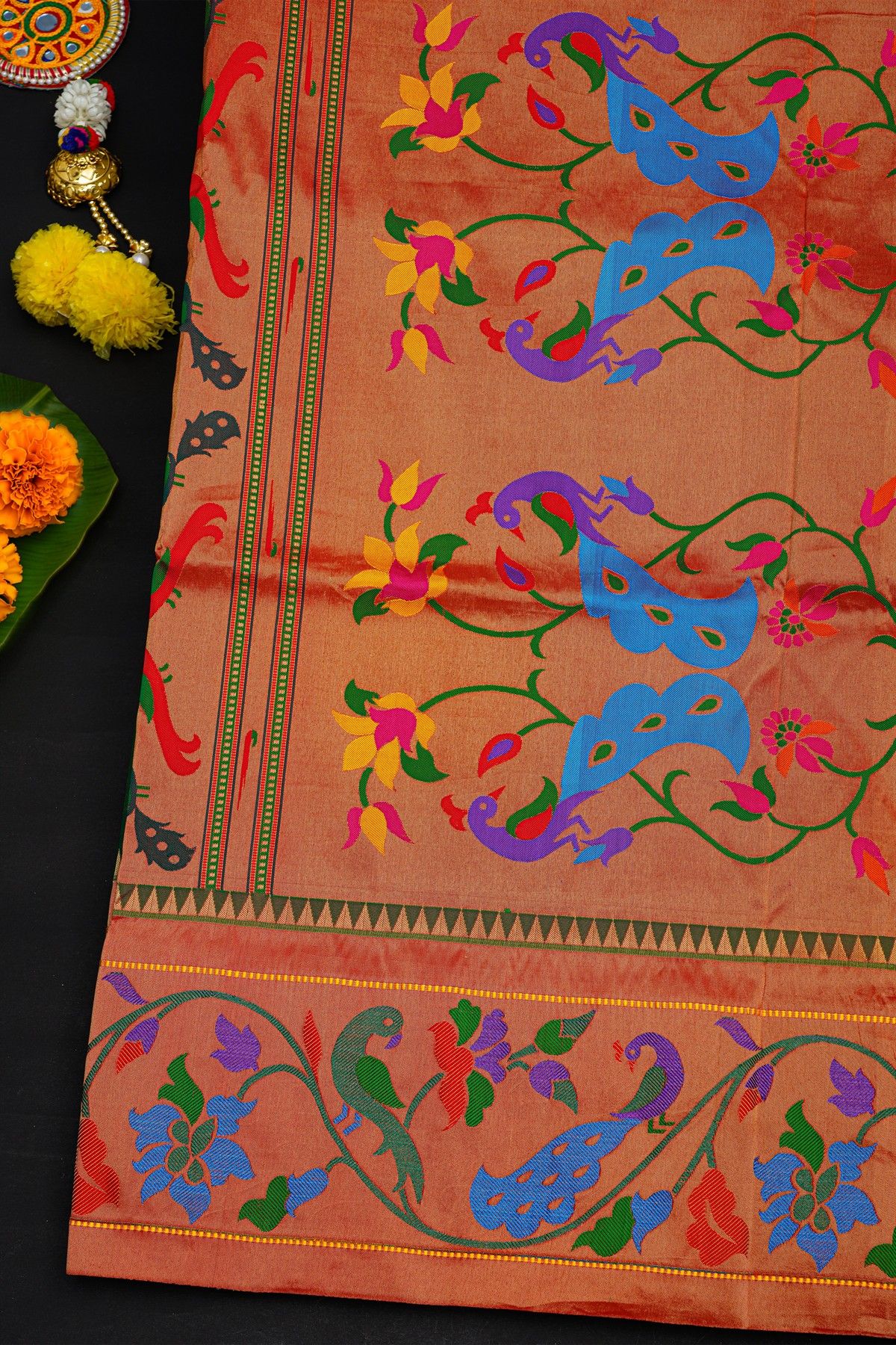 Narayanpet Silk Bottle Green Saree With Florals And Peacocks Paithani Border